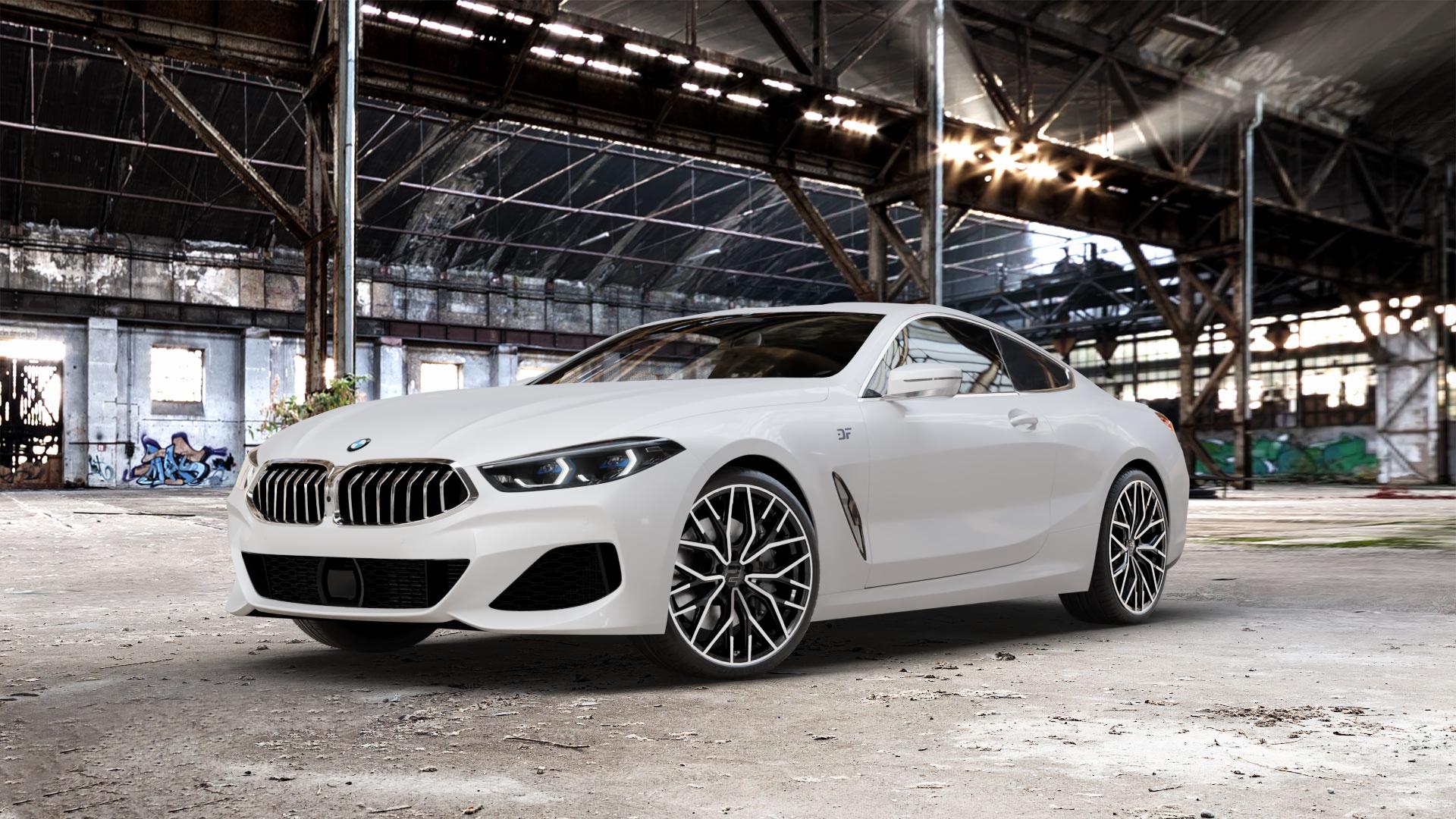 2DRV WH37 Schwarz Hochglanzpoliert Felge mit Reifen in 20Zoll Winterfelge Alufelge auf weissem BMW 840d xDrive Typ G15 M850i 840i M8 F8CM (Coupe) 8er Coupé (G8C) ⬇️ mit 15mm Tieferlegung ⬇️ Old Industrial Hall_max_5300mm_2024 Frontansicht_1