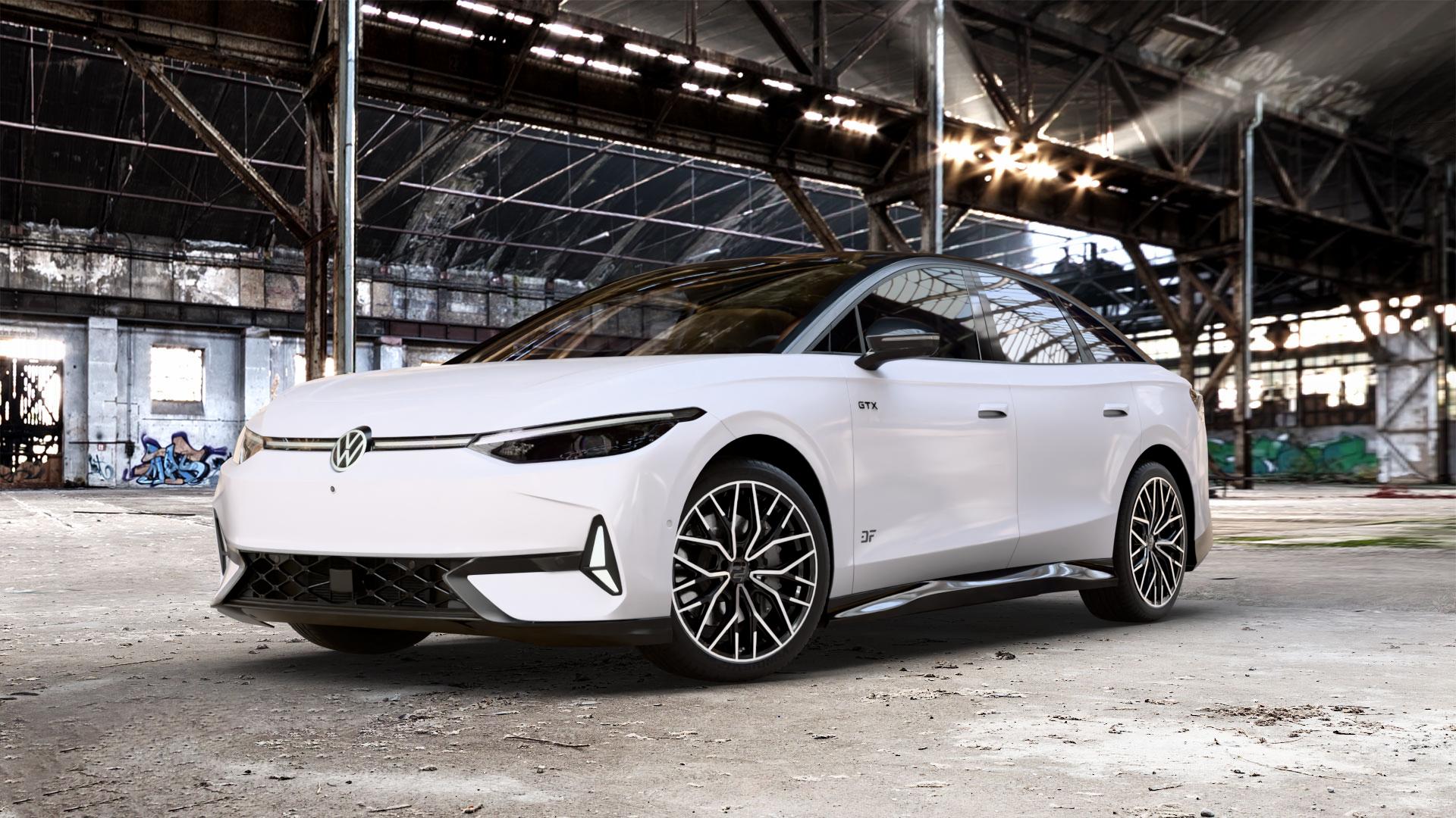 2DRV WH37 Schwarz Hochglanzpoliert Felge mit Reifen in 20Zoll Winterfelge Alufelge auf weissem Volkswagen (VW) ID.7 0,0l 90kW GTX (122 PS) ⬇️ mit 15mm Tieferlegung ⬇️ Old Industrial Hall_max_5300mm_2024 Frontansicht_1