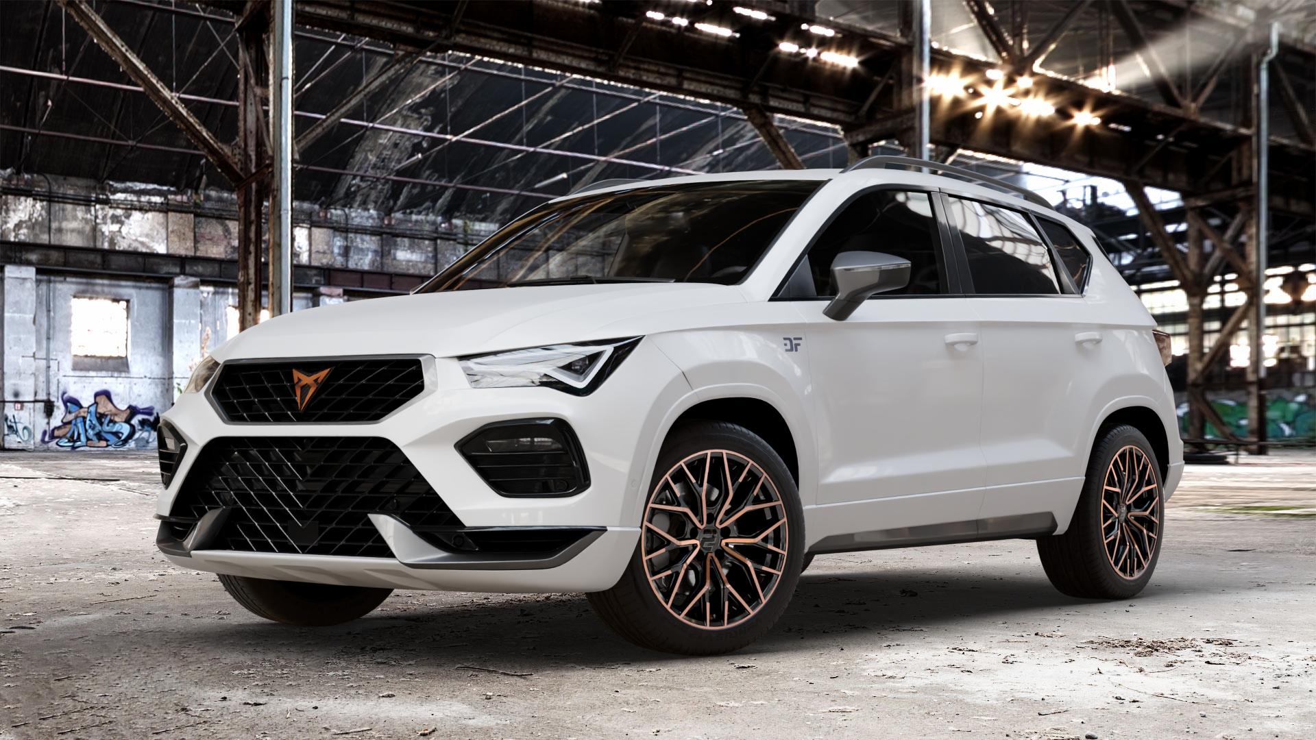 2DRV WH37 Schwarz Kupfer hochglanzpoliert Felge mit Reifen kupfer metallic in 18Zoll Winterfelge Alufelge auf weissem Cupra Ateca Typ 5FP Facelift ⬇️ mit 15mm Tieferlegung ⬇️ Old Industrial Hall_max_4400mm_2024 Frontansicht_1
