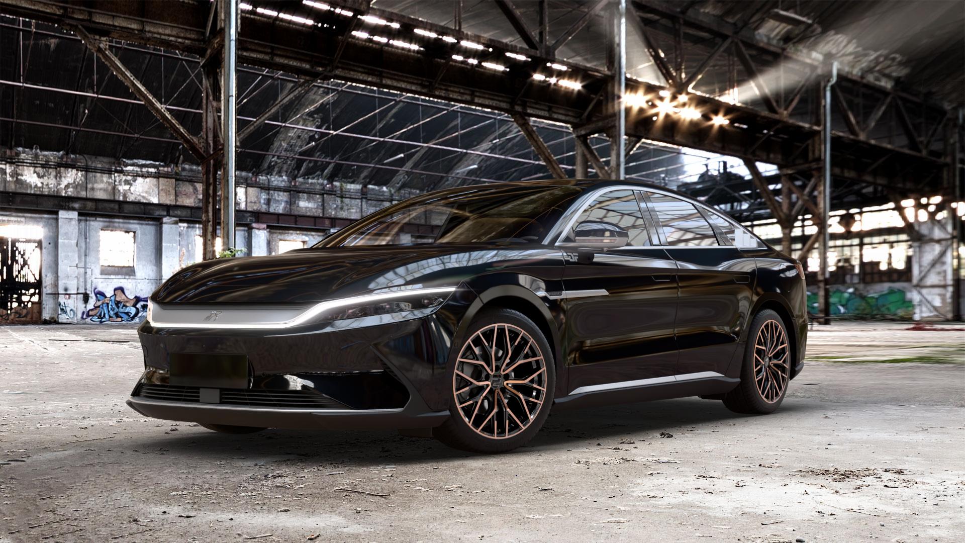 2DRV WH37 Schwarz Kupfer hochglanzpoliert Felge mit Reifen kupfer metallic in 19Zoll Winterfelge Alufelge auf metallic schwarzem BYD Han Typ HC ⬇️ mit 15mm Tieferlegung ⬇️ Old Industrial Hall_max_5300mm_2024 Frontansicht_1
