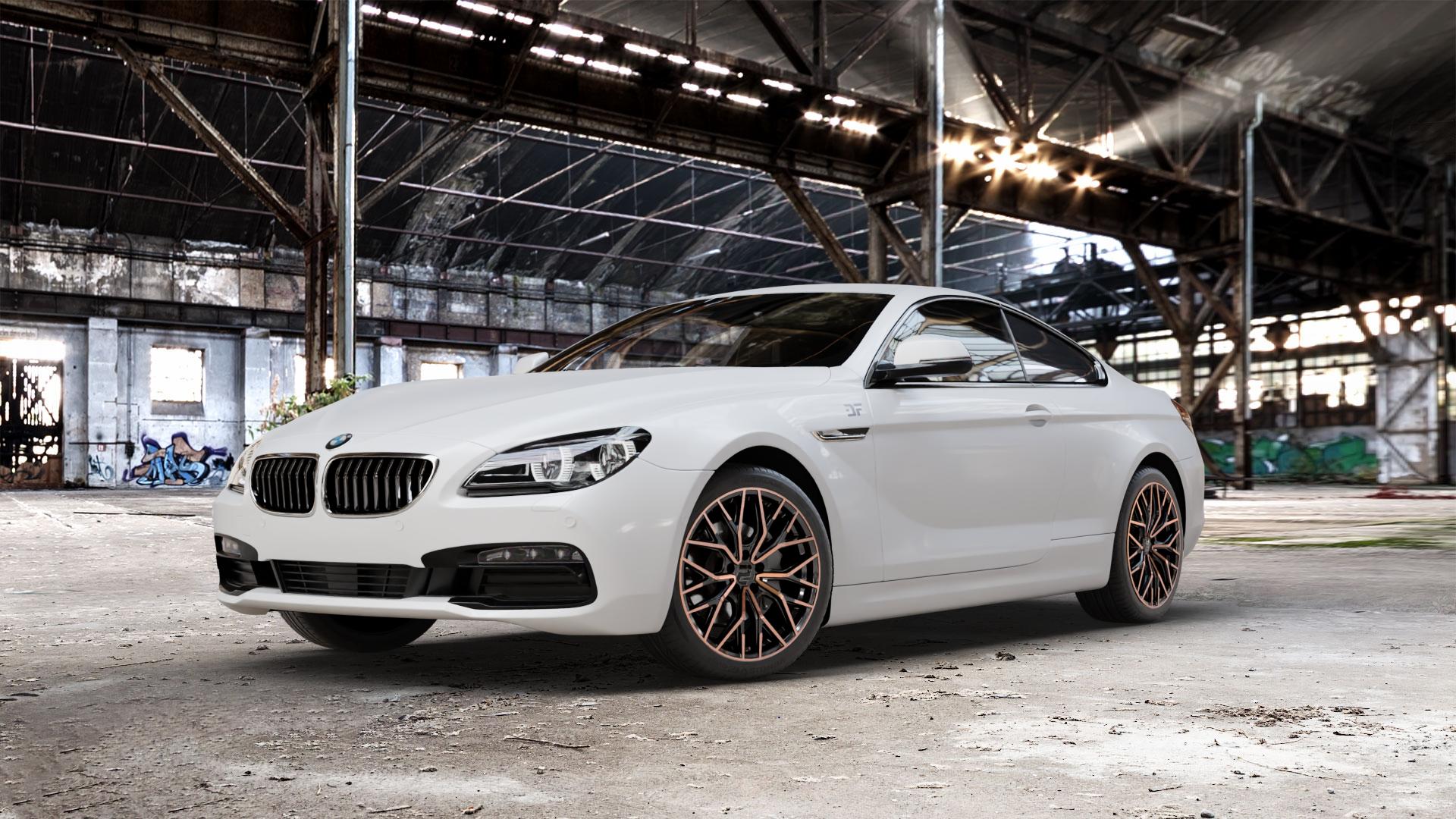 2DRV WH37 Schwarz Kupfer hochglanzpoliert Felge mit Reifen kupfer metallic in 19Zoll Winterfelge Alufelge auf weissem BMW 640i Typ F13 (Coupe) 650i 640d xDrive ⬇️ mit 15mm Tieferlegung ⬇️ Old Industrial Hall_max_5300mm_2024 Frontansicht_1