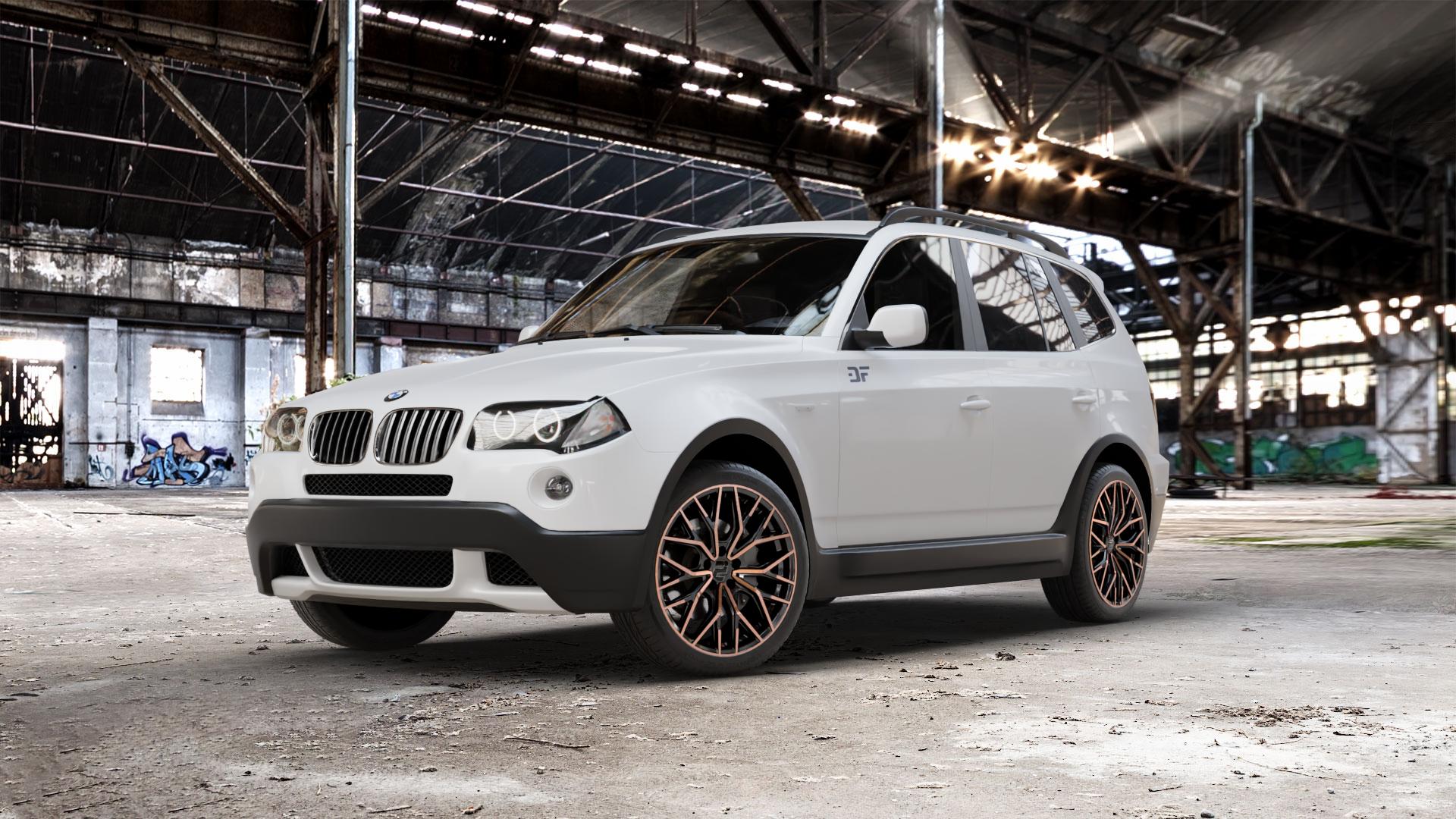 2DRV WH37 Schwarz Kupfer hochglanzpoliert Felge mit Reifen kupfer metallic in 19Zoll Winterfelge Alufelge auf weissem BMW X3 Typ E83 (X83) ⬇️ mit 15mm Tieferlegung ⬇️ Old Industrial Hall_max_5300mm_2024 Frontansicht_1