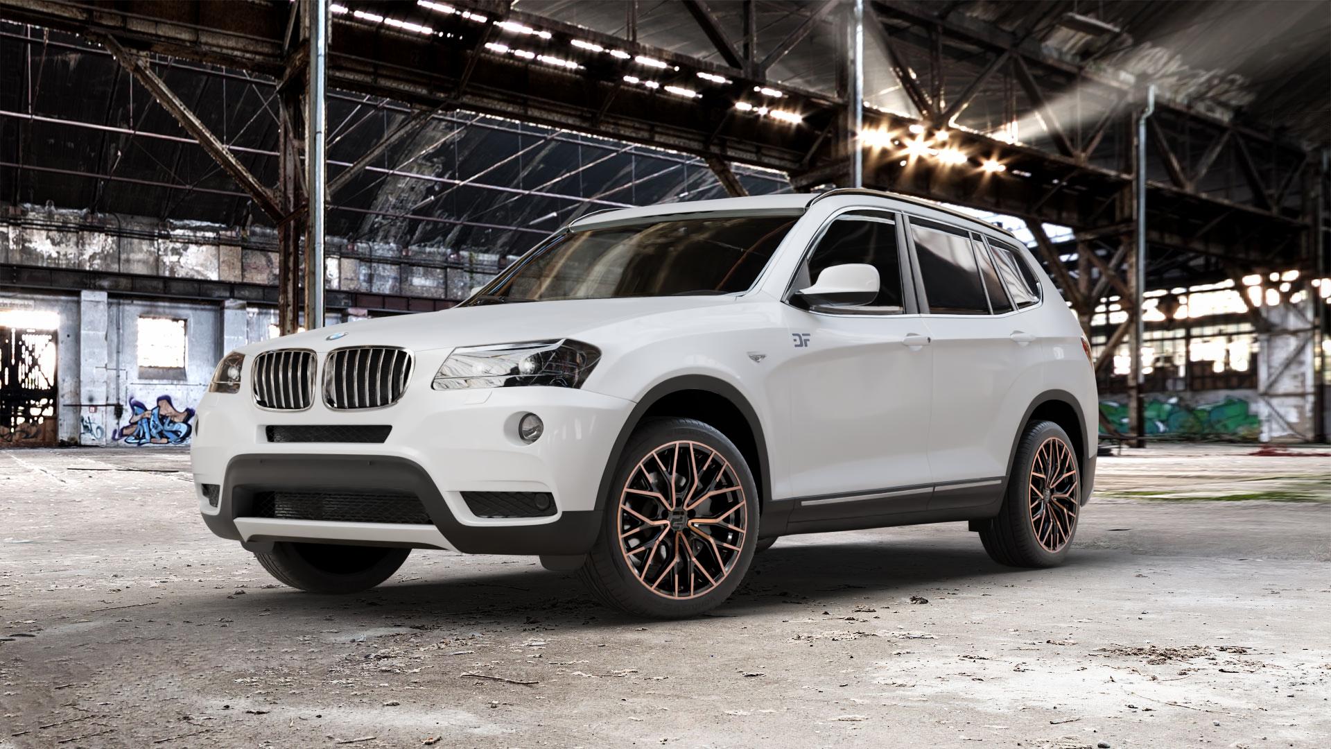 2DRV WH37 Schwarz Kupfer hochglanzpoliert Felge mit Reifen kupfer metallic in 19Zoll Winterfelge Alufelge auf weissem BMW X3 Typ F25 (X3, X-N1) ⬇️ mit 15mm Tieferlegung ⬇️ Old Industrial Hall_max_5300mm_2024 Frontansicht_1