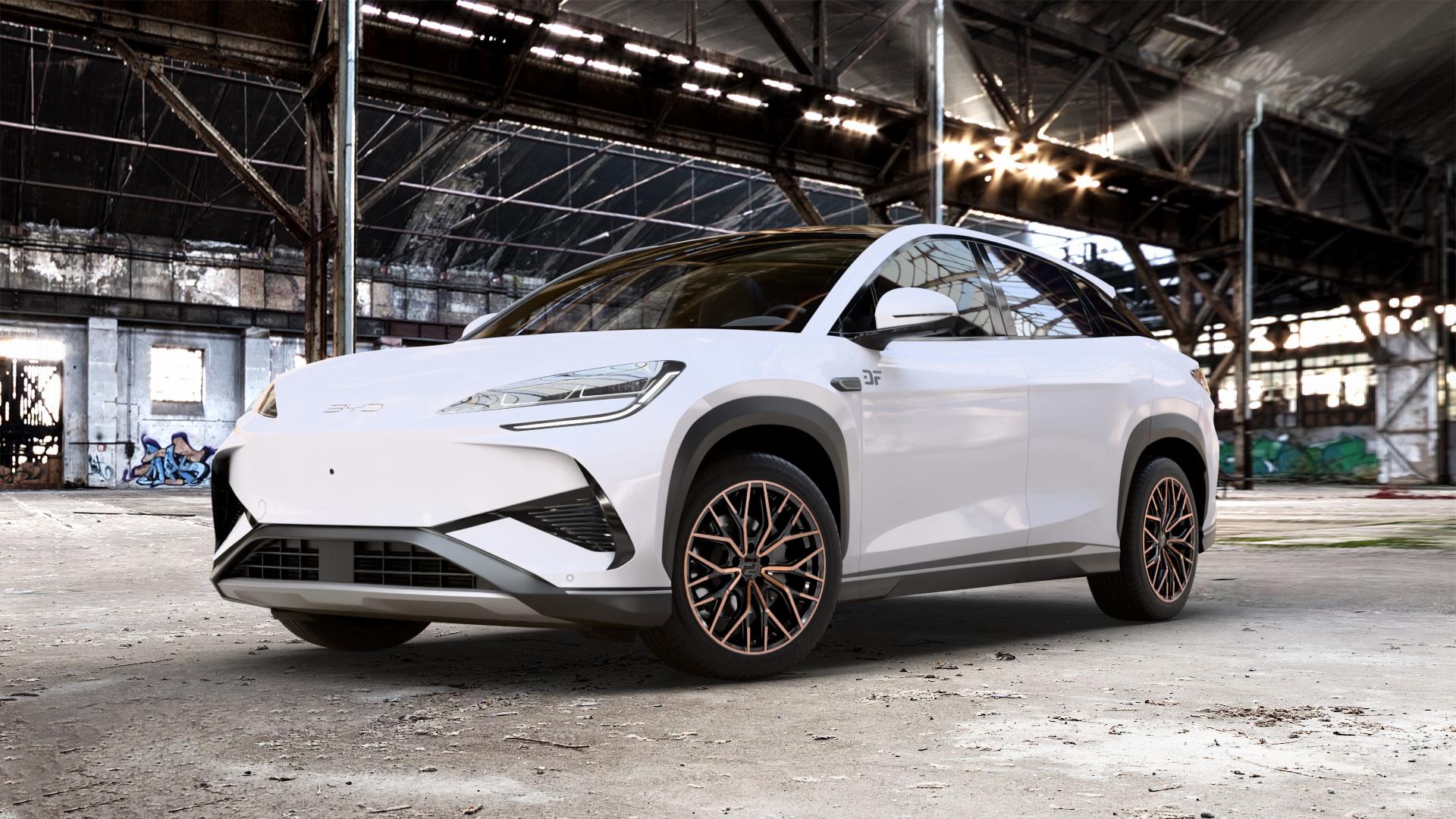 2DRV WH37 Schwarz Kupfer hochglanzpoliert Felge mit Reifen kupfer metallic in 19Zoll Winterfelge Alufelge auf weissem BYD Sealion 7 0,0l 70kW (95 PS) AWD 145kW (197 ⬇️ mit 15mm Tieferlegung ⬇️ Old Industrial Hall_max_5300mm_2024 Frontansicht_1