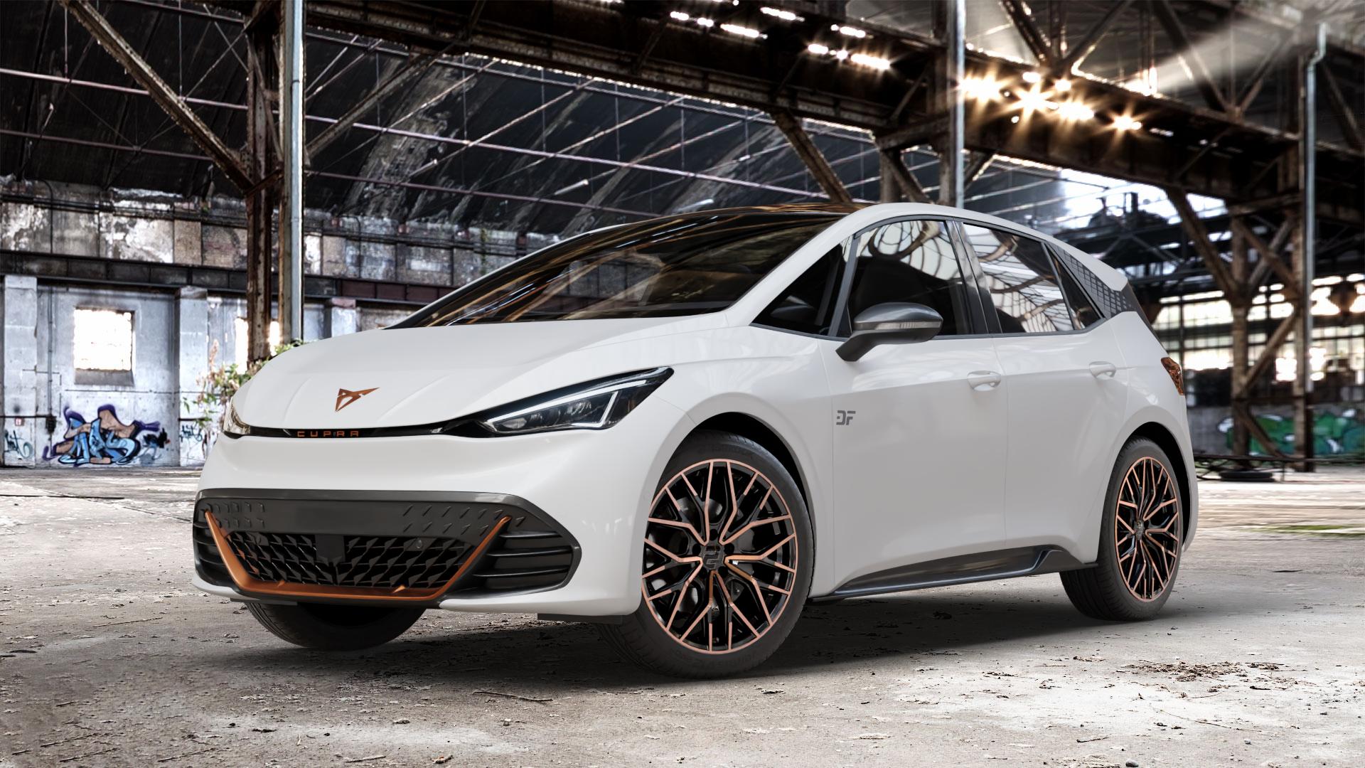 2DRV WH37 Schwarz Kupfer hochglanzpoliert Felge mit Reifen kupfer metallic in 19Zoll Winterfelge Alufelge auf weissem Cupra Born Typ K1 ⬇️ mit 15mm Tieferlegung ⬇️ Old Industrial Hall_max_4400mm_2024 Frontansicht_1