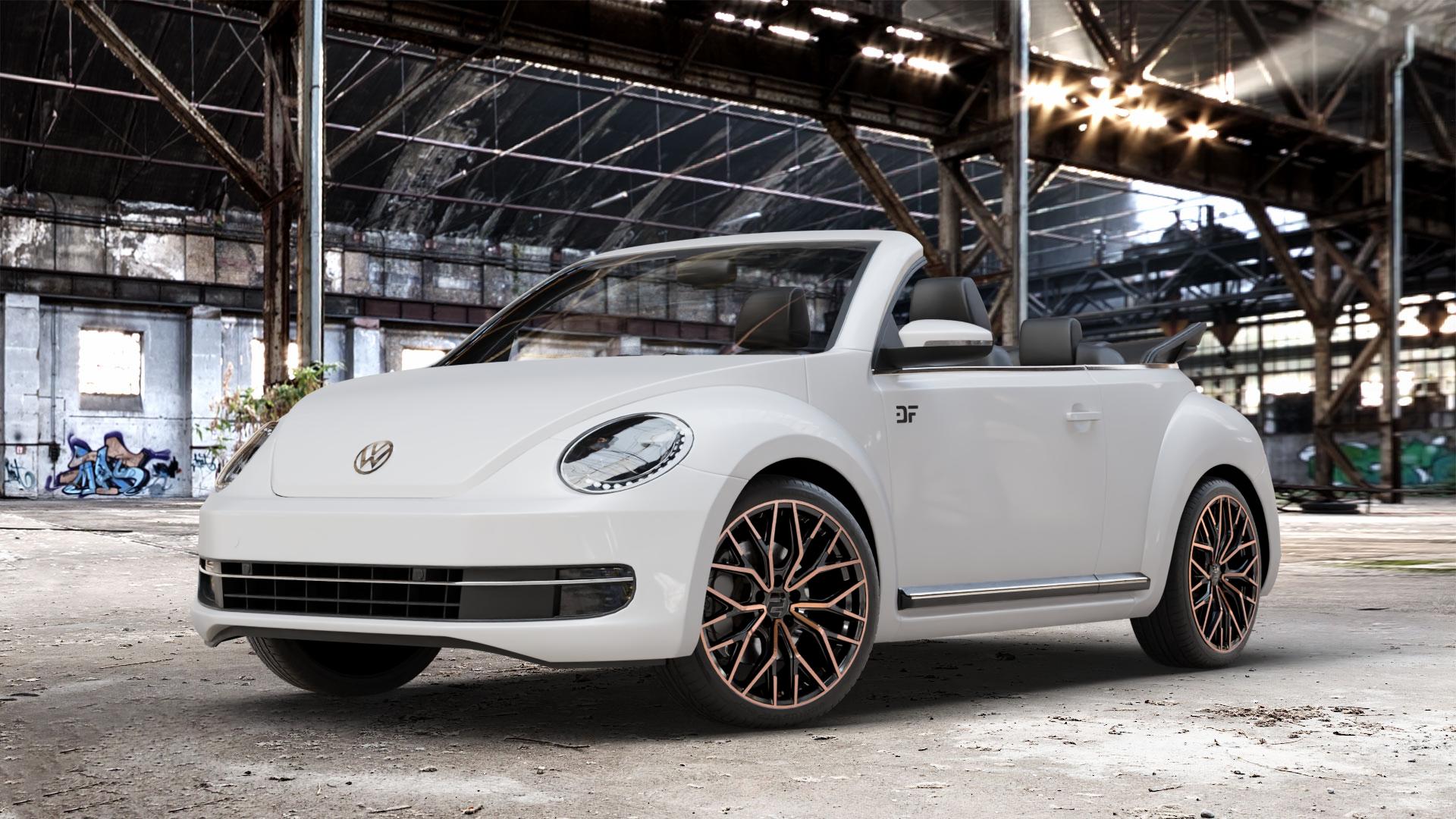 2DRV WH37 Schwarz Kupfer hochglanzpoliert Felge mit Reifen kupfer metallic in 19Zoll Winterfelge Alufelge auf weissem Volkswagen (VW) The Beetle Cabrio Typ 16 ⬇️ mit 15mm Tieferlegung ⬇️ Old Industrial Hall_max_4400mm_2024 Frontansicht_1