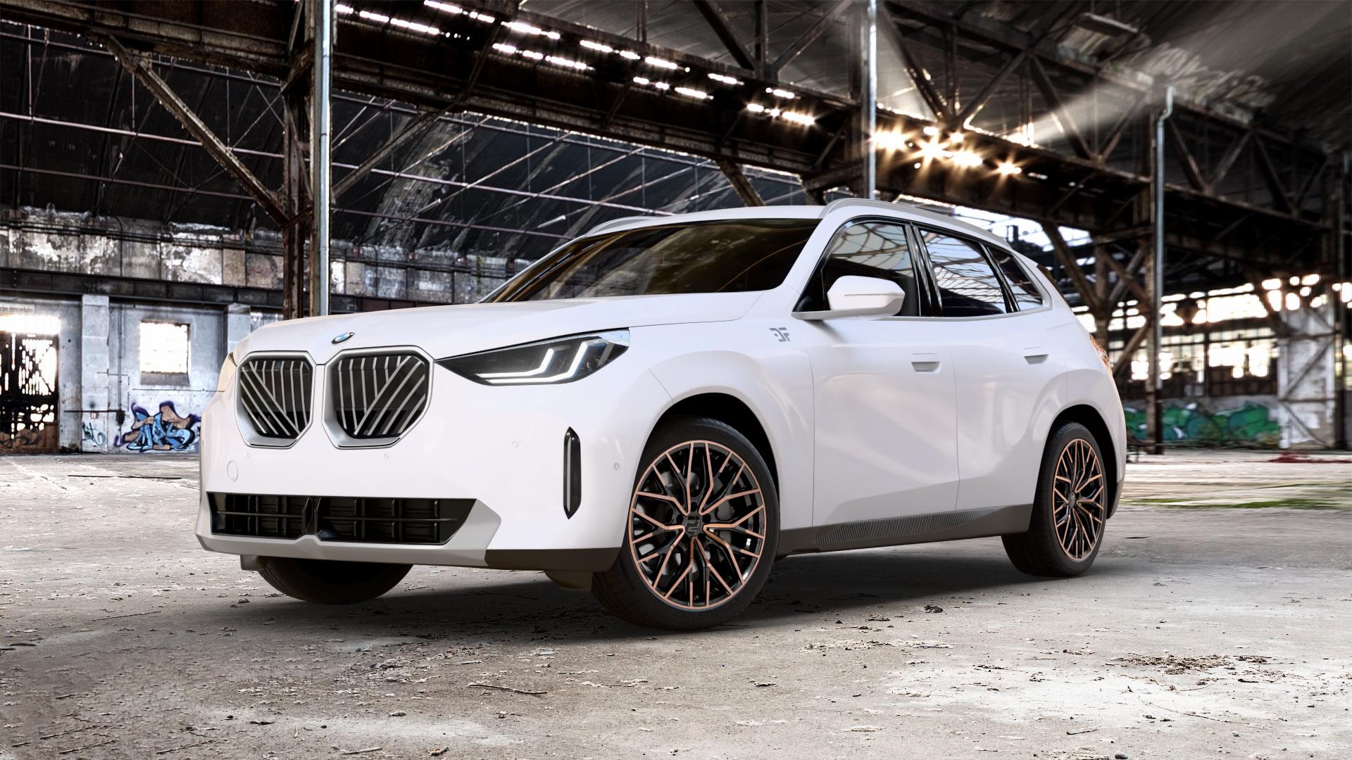 2DRV WH37 Schwarz Kupfer hochglanzpoliert Felge mit Reifen kupfer metallic in 20Zoll Winterfelge Alufelge auf weissem BMW X3 Typ G45 (G3XN) ⬇️ mit 15mm Tieferlegung ⬇️ Old Industrial Hall_max_5300mm_2024 Frontansicht_1