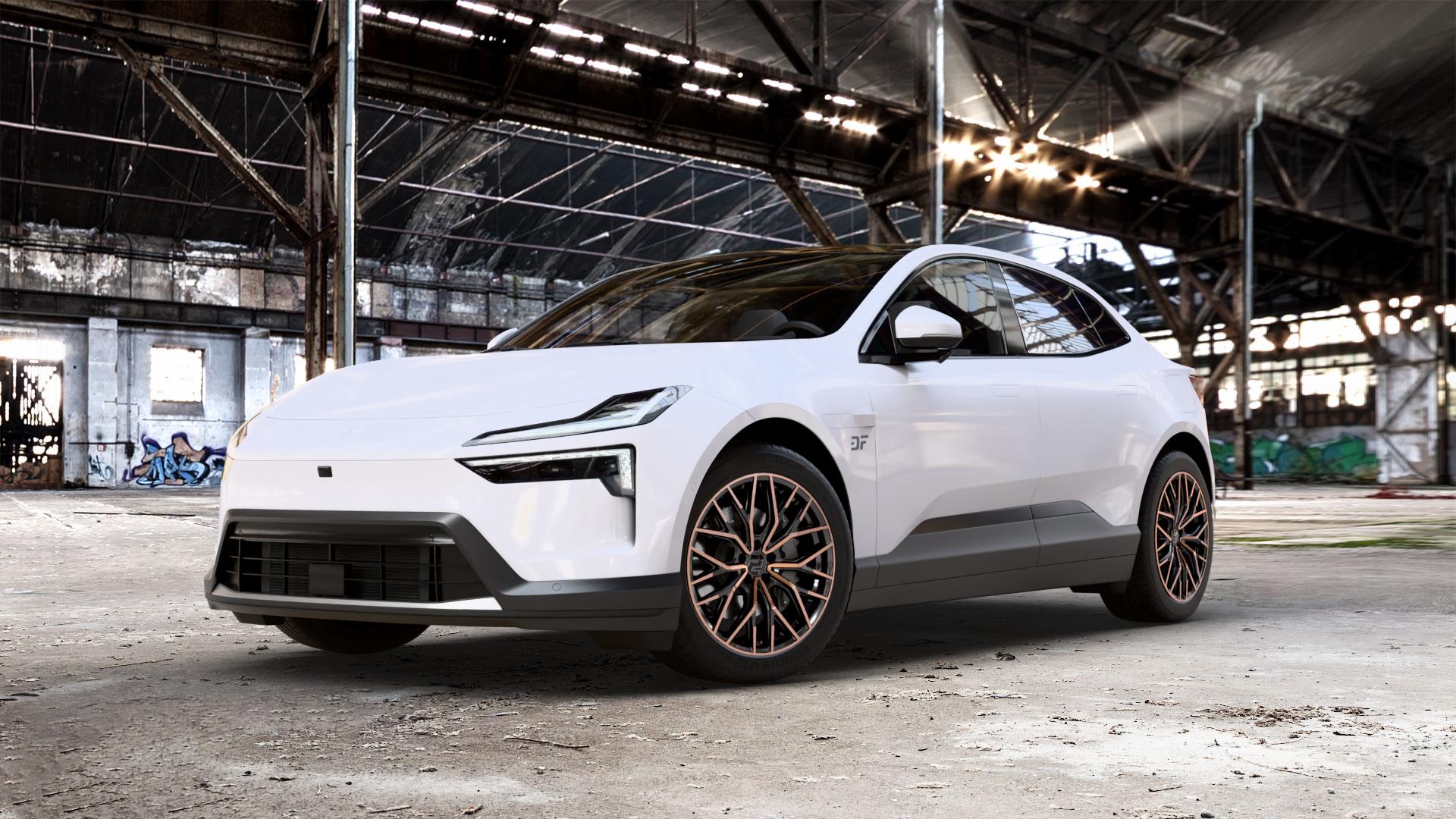 2DRV WH37 Schwarz Kupfer hochglanzpoliert Felge mit Reifen kupfer metallic in 20Zoll Winterfelge Alufelge auf weissem Polestar 4 0,0l 75kW (102 PS) 150kW AWD (204 ⬇️ mit 15mm Tieferlegung ⬇️ Old Industrial Hall_max_5300mm_2024 Frontansicht_1