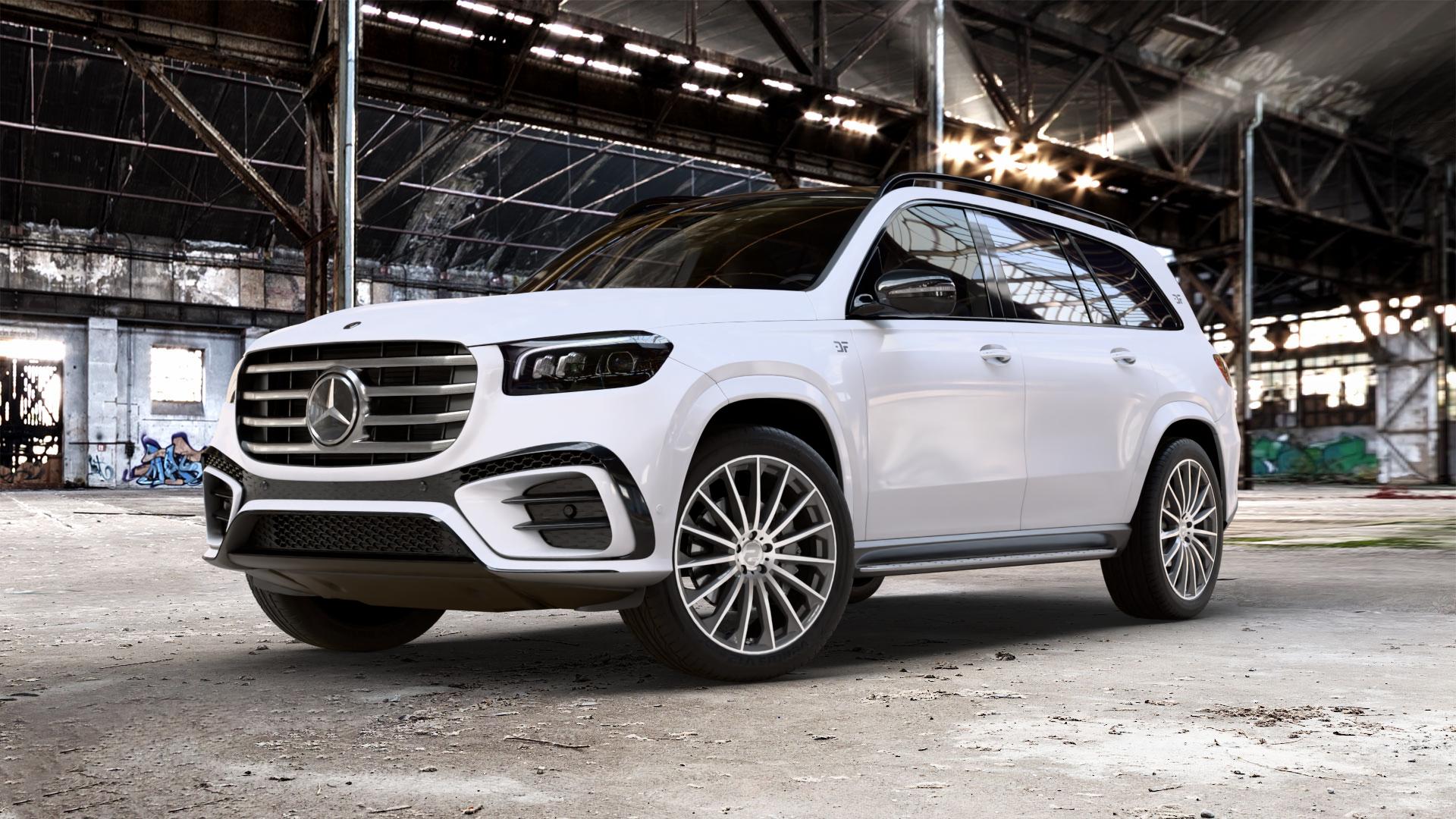 2DRV WH39 Dark Gunmetal Hochglanzpoliert Felge mit Reifen grau in 22Zoll Winterfelge Alufelge auf weissem Mercedes GLS-Klasse Typ 167 (H1GLE) Facelift ⬇️ mit 15mm Tieferlegung ⬇️ Old Industrial Hall_max_5300mm_2024 Frontansicht_1