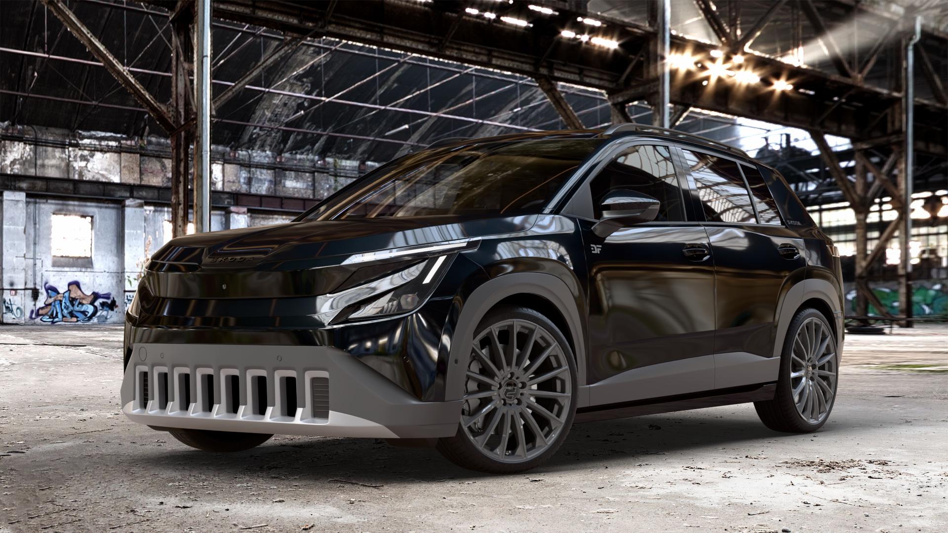 2DRV WH39 Dark Gunmetal lackiert Felge mit Reifen grau in 20Zoll Winterfelge Alufelge auf metallic schwarzem Skoda Epiq Typ PX ⬇️ mit 15mm Tieferlegung ⬇️ Old Industrial Hall_max_4400mm_2024 Frontansicht_1