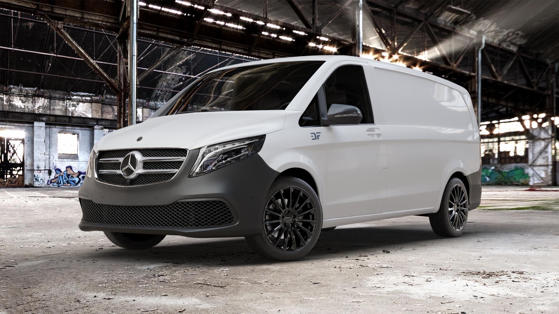 2DRV WH39 Schwarz glänzend lackiert Felge mit Reifen in 19Zoll Winterfelge Alufelge auf weissem Mercedes Vito Kasten Typ W447 Facelift ⬇️ mit 15mm Tieferlegung ⬇️ Old Industrial Hall_max_5300mm_2024 Frontansicht_1