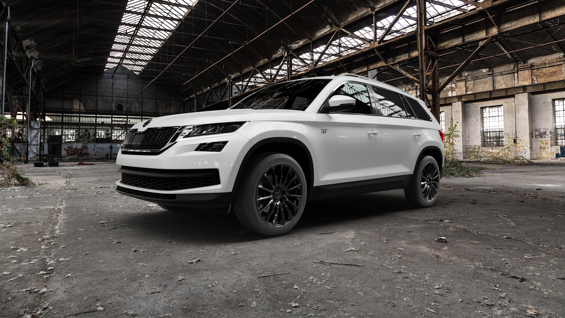 2DRV WH39 Schwarz glänzend lackiert Felge mit Reifen in 19Zoll Winterfelge Alufelge auf weissem Skoda Kodiaq Typ NS ⬇️ mit 15mm Tieferlegung ⬇️ Old Industrial Hall_max5000mm_2022 Frontansicht_1