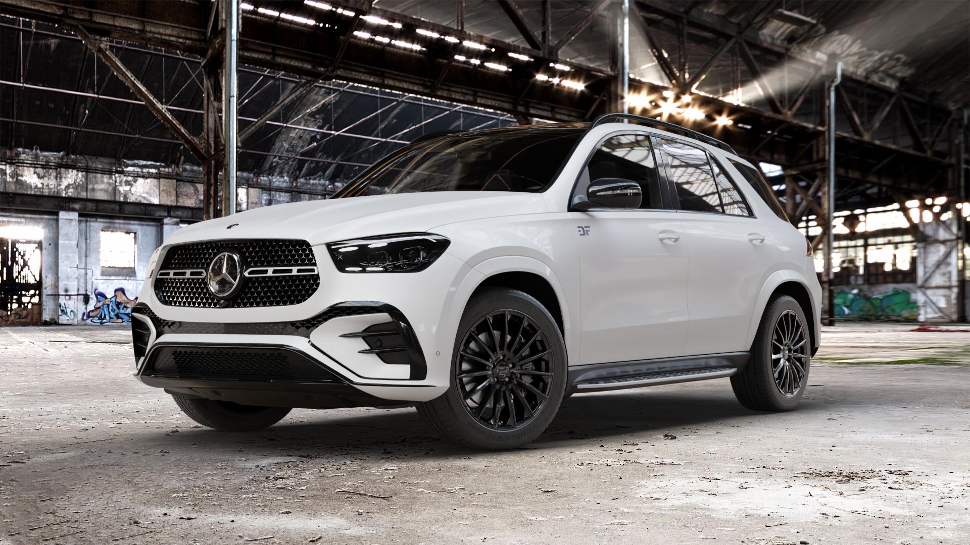 2DRV WH39 Schwarz glänzend lackiert Felge mit Reifen in 20Zoll Winterfelge Alufelge auf weissem Mercedes GLE-Klasse SUV Typ V167 (H1GLE) Facelift ⬇️ mit 15mm Tieferlegung ⬇️ Old Industrial Hall_max_5300mm_2024 Frontansicht_1