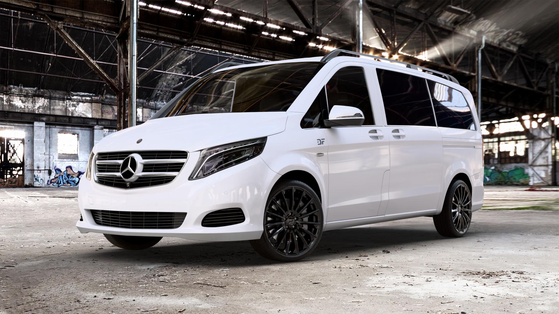 2DRV WH39 Schwarz glänzend lackiert Felge mit Reifen in 20Zoll Winterfelge Alufelge auf weissem Mercedes V-Klasse Typ W447 Vito Kasten Mixto Tourer Marco Polo ⬇️ mit 15mm Tieferlegung ⬇️ Old Industrial Hall_max_5300mm_2024 Frontansicht_1