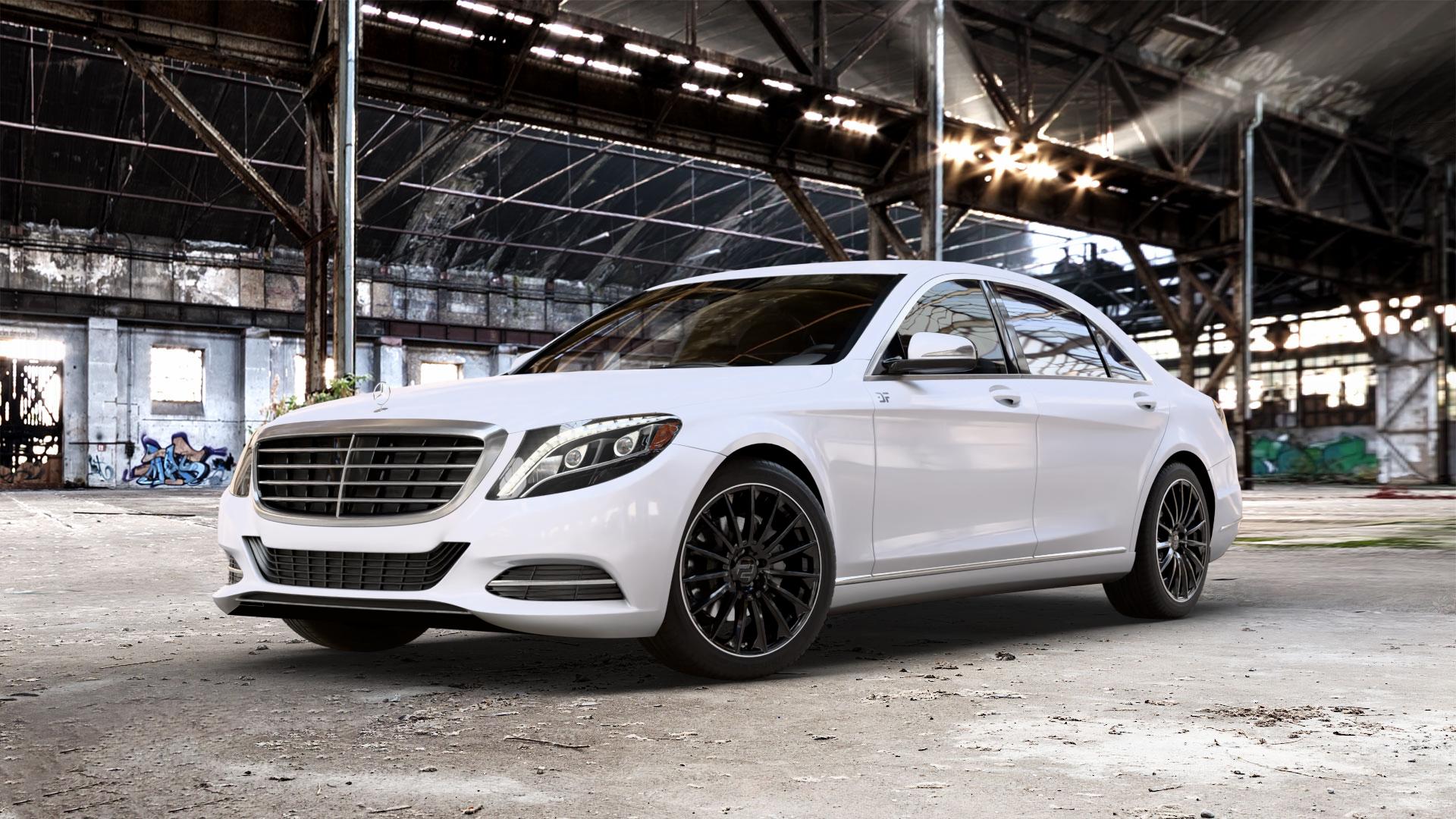 2DRV WH39 Schwarz glänzend lackiert mit hochglanzpoliertem Felgenbett Felge mit Reifen in 19Zoll Winterfelge Alufelge auf weissem Mercedes S-Klasse Typ W222 Facelift ⬇️ mit 15mm Tieferlegung ⬇️ Old Industrial Hall_max_5300mm_2024 Frontansicht_1