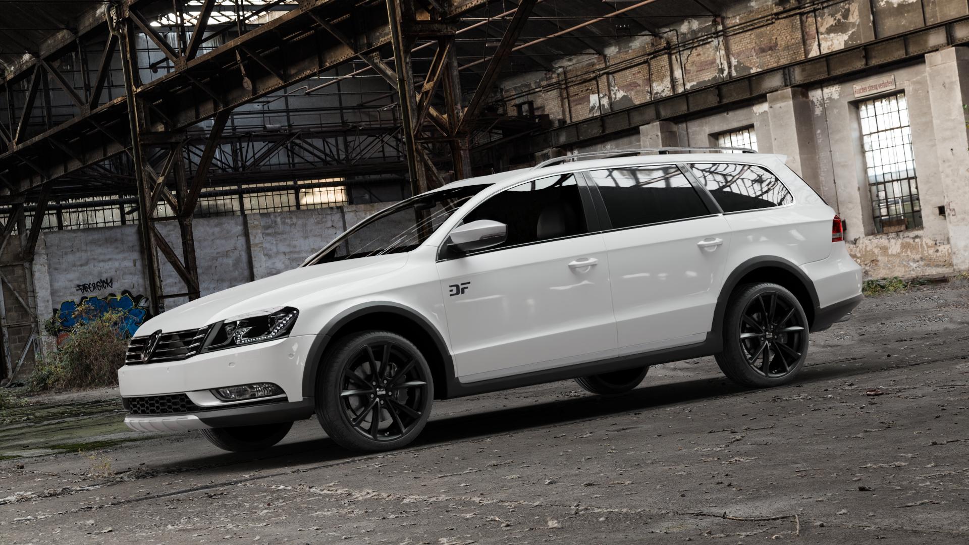 2DRV WH39 Schwarz glänzend lackiert mit hochglanzpoliertem Felgenbett Felge mit Reifen in 19Zoll Winterfelge Alufelge auf weissem Volkswagen (VW) Passat 3C/B7 Alltrack ⬇️ mit 15mm Tieferlegung ⬇️ Old Industrial Hall_max5000mm_2022 Frontansicht_1
