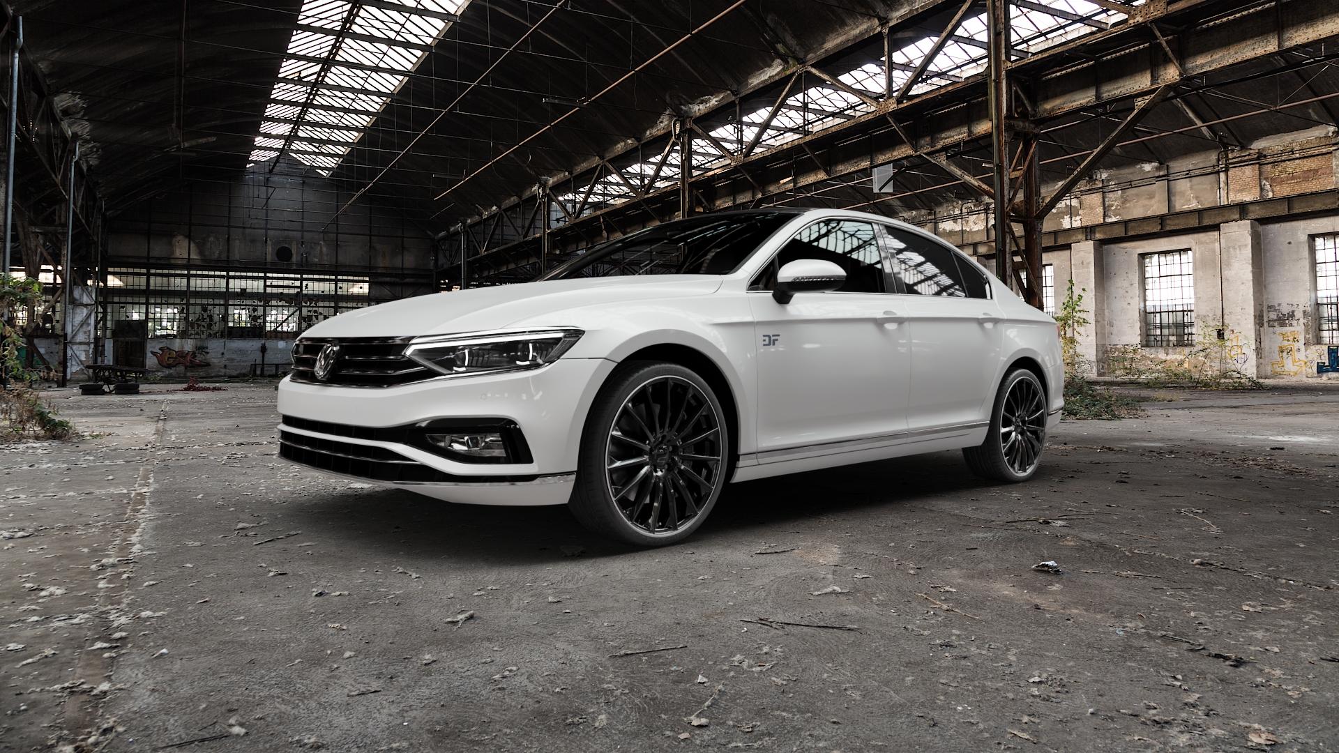 2DRV WH39 Schwarz glänzend lackiert mit hochglanzpoliertem Felgenbett Felge mit Reifen in 20Zoll Winterfelge Alufelge auf weissem Volkswagen (VW) Passat 3C/B8 Limousine Facelift ⬇️ mit 15mm Tieferlegung ⬇️ Old Industrial Hall_max5000mm_2022 Frontansicht_1
