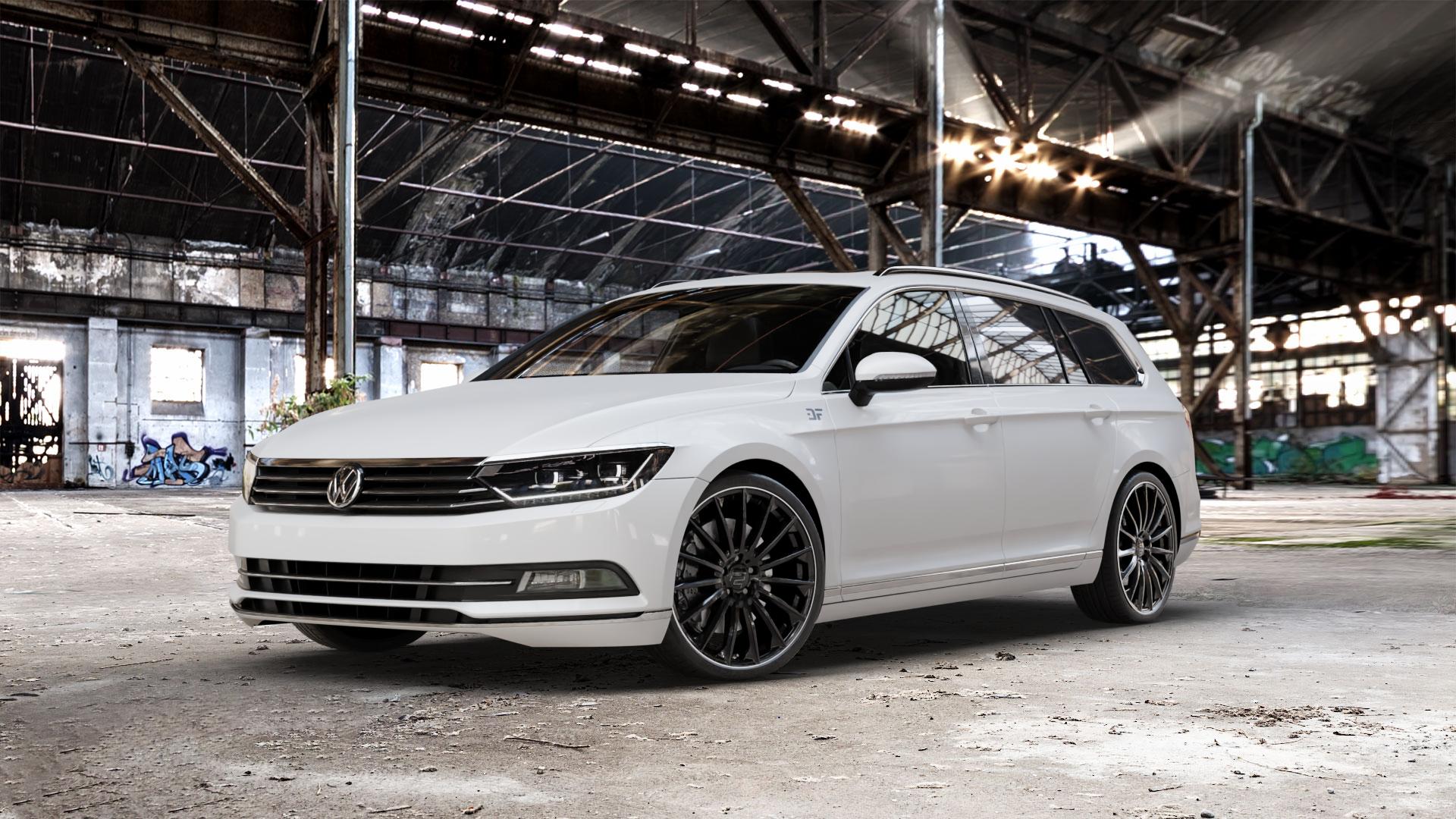 2DRV WH39 Schwarz glänzend lackiert mit hochglanzpoliertem Felgenbett Felge mit Reifen in 20Zoll Winterfelge Alufelge auf weissem Volkswagen (VW) Passat 3C/B8 Limousine Variant ⬇️ mit 15mm Tieferlegung ⬇️ Old Industrial Hall_max_5300mm_2024 Frontansicht_1