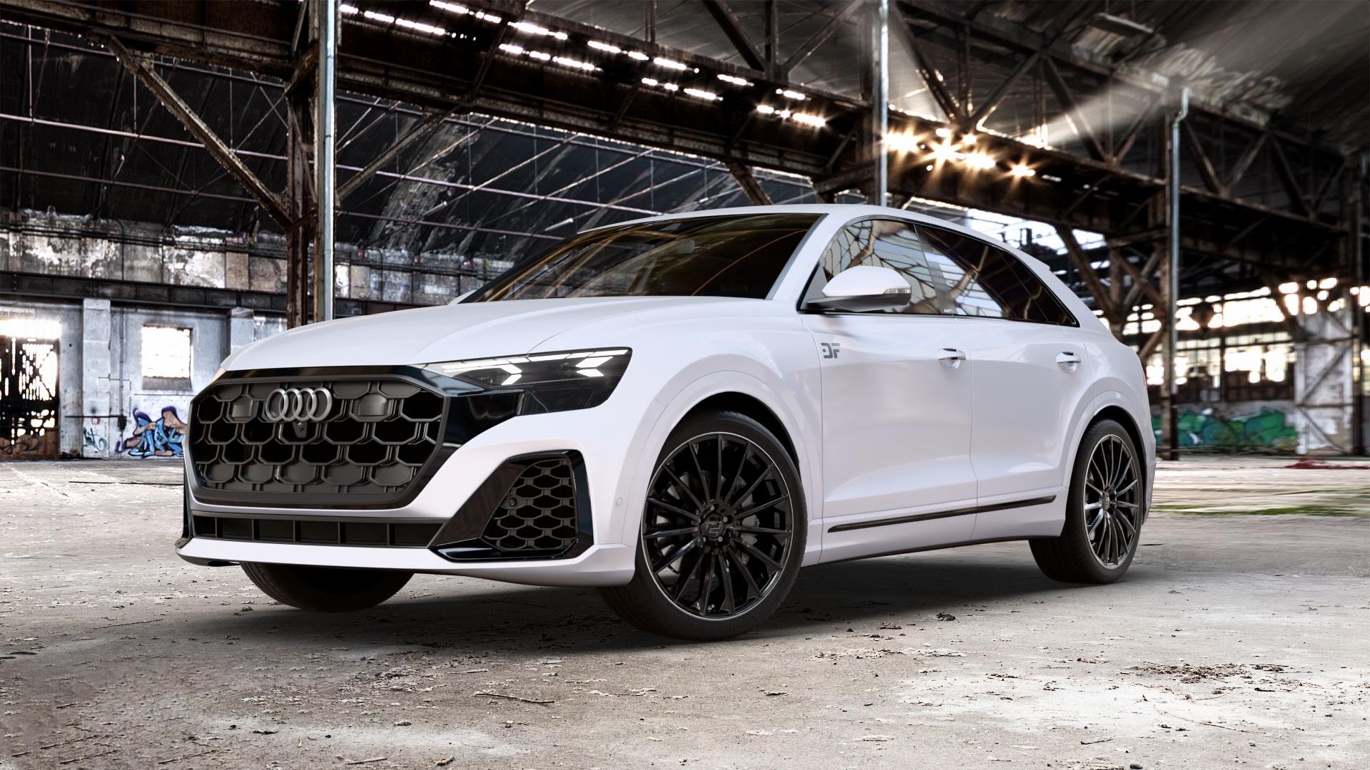 2DRV WH39 Schwarz glänzend lackiert mit hochglanzpoliertem Felgenbett Felge mit Reifen in 22Zoll Winterfelge Alufelge auf weißem Audi Q8 Typ 4M (4L) Facelift ⬇️ mit 15mm Tieferlegung ⬇️ Old Industrial Hall_max_5300mm_2024 Frontansicht_1