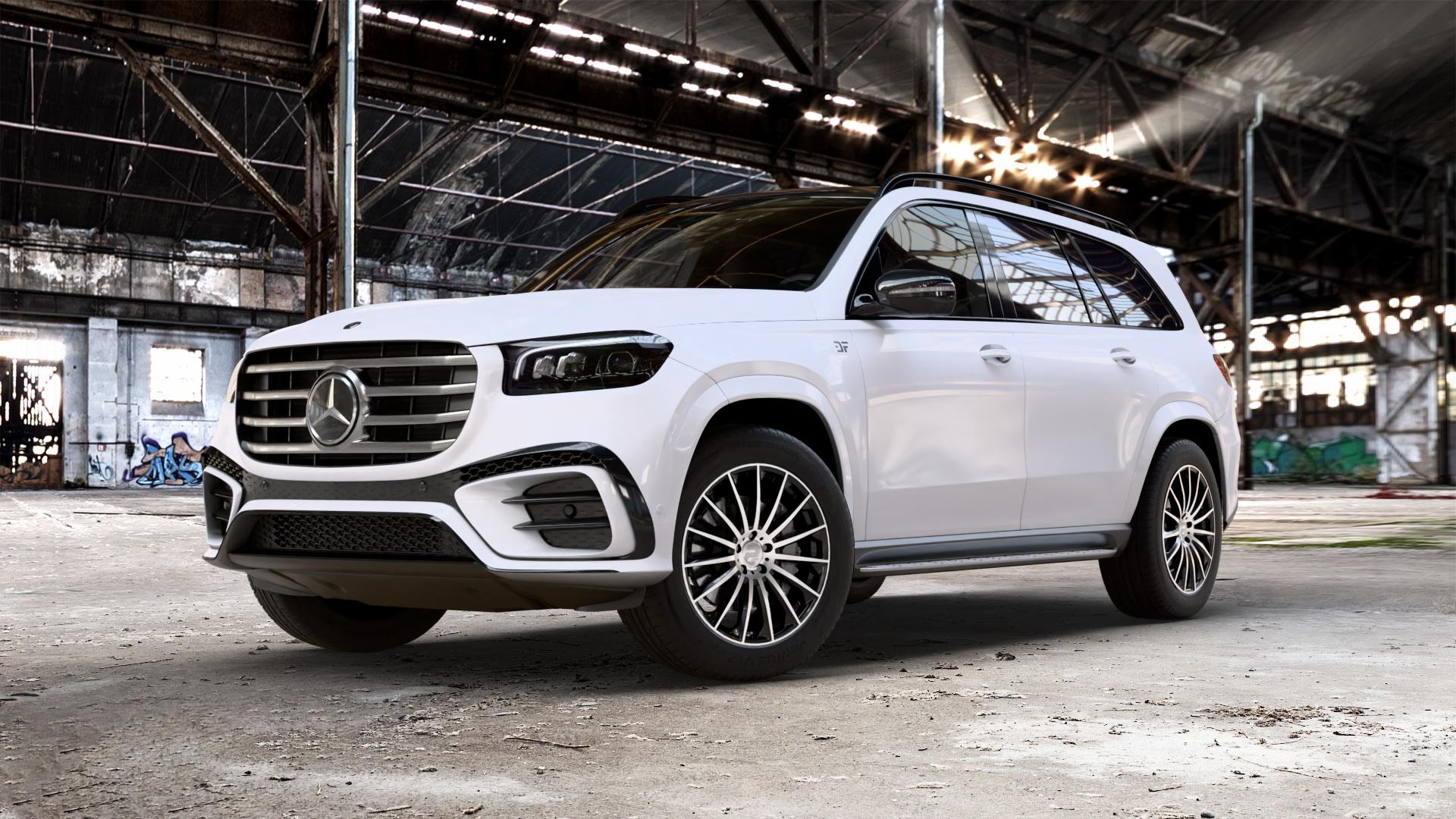 2DRV WH39 Schwarz Hochglanzpoliert Felge mit Reifen in 20Zoll Winterfelge Alufelge auf weissem Mercedes GLS-Klasse Typ 167 (H1GLE) Facelift ⬇️ mit 15mm Tieferlegung ⬇️ Old Industrial Hall_max_5300mm_2024 Frontansicht_1