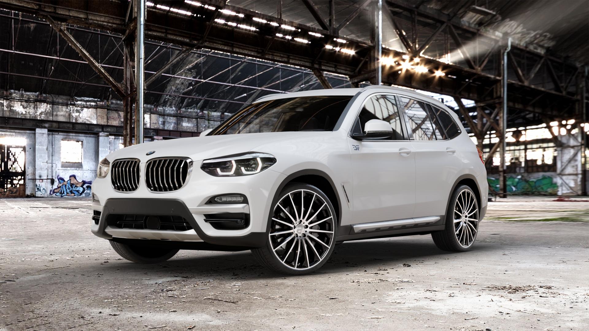 2DRV WH39 Schwarz Hochglanzpoliert Felge mit Reifen in 22Zoll Winterfelge Alufelge auf weissem BMW X3 Typ G01 (G3X) ⬇️ mit 15mm Tieferlegung ⬇️ Old Industrial Hall_max_5300mm_2024 Frontansicht_1