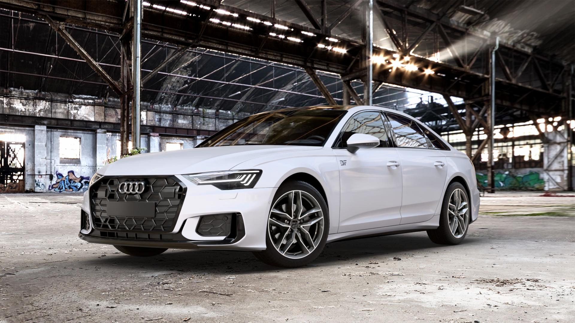 2DRV WH40 Dark Gunmetal Hochglanzpoliert Felge mit Reifen grau anthrazit in 19Zoll Winterfelge Alufelge auf weissem Audi A6 Typ F2/C8 (Limousine) Facelift ⬇️ mit 15mm Tieferlegung ⬇️ Old Industrial Hall_max_5300mm_2024 Frontansicht_1