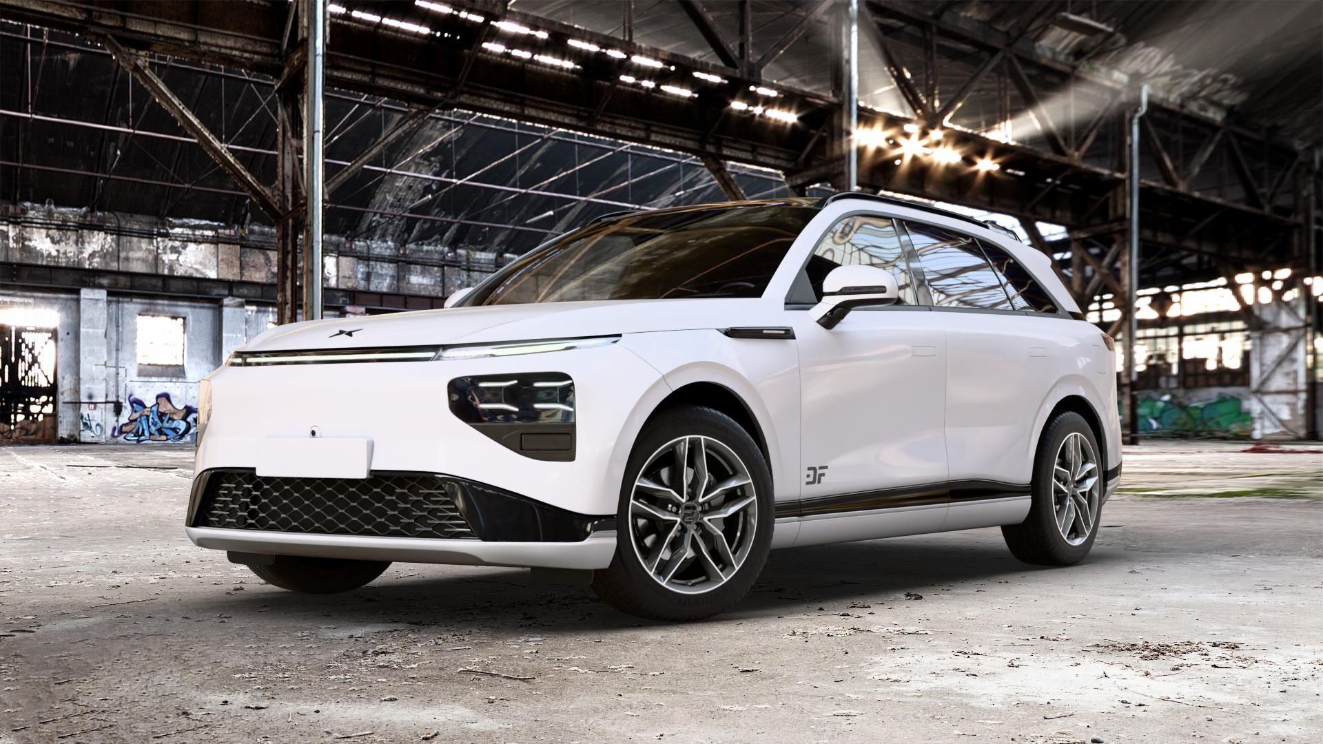 2DRV WH40 Dark Gunmetal Hochglanzpoliert Felge mit Reifen grau anthrazit in 19Zoll Winterfelge Alufelge auf weissem Xpeng G9 Typ G9A 0,0l 80kW (109 PS) AWD 100kW (136 ⬇️ mit 15mm Tieferlegung ⬇️ Old Industrial Hall_max_5300mm_2024 Frontansicht_1