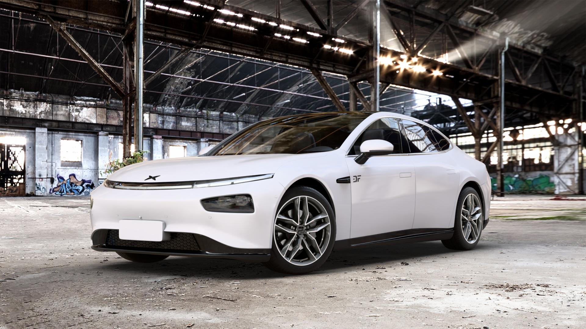 2DRV WH40 Dark Gunmetal Hochglanzpoliert Felge mit Reifen grau anthrazit in 19Zoll Winterfelge Alufelge auf weissem Xpeng P7 Typ P7B 0,0l 80kW (109 PS) 100kW AWD (136 124kW (169 ⬇️ mit 15mm Tieferlegung ⬇️ Old Industrial Hall_max_5300mm_2024 Frontansicht_1