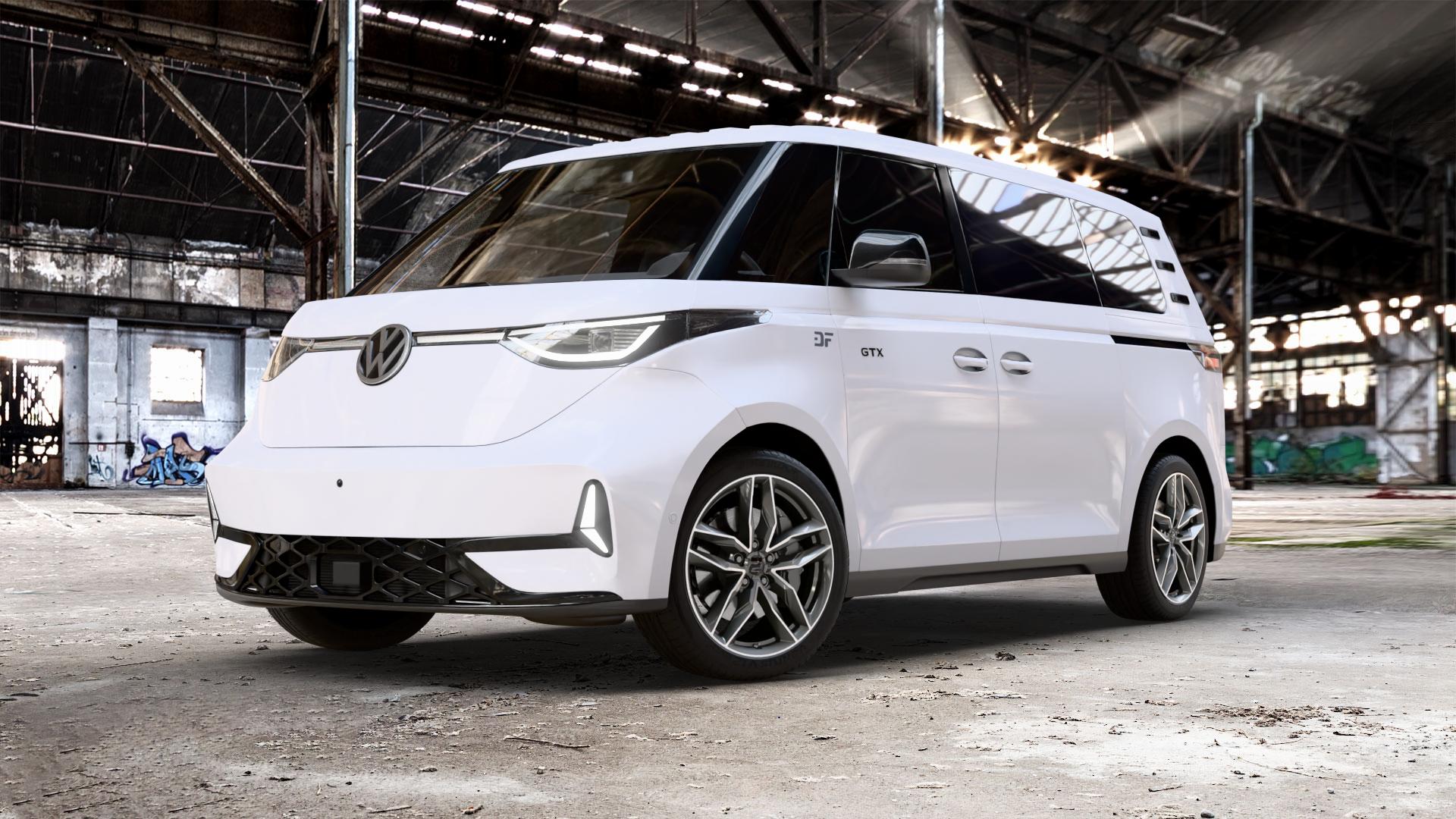 2DRV WH40 Dark Gunmetal Hochglanzpoliert Felge mit Reifen grau anthrazit in 20Zoll Winterfelge Alufelge auf weissem Volkswagen (VW) ID. Buzz langer Radstand ⬇️ mit 15mm Tieferlegung ⬇️ Old Industrial Hall_max_5300mm_2024 Frontansicht_1