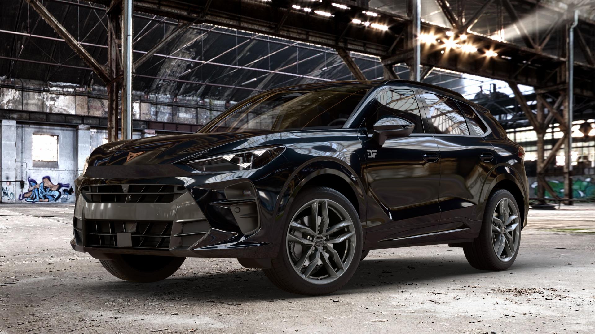 2DRV WH40 Dark Gunmetal lackiert Felge mit Reifen grau anthrazit in 19Zoll Winterfelge Alufelge auf metallic schwarzem Cupra Terramar Typ KP ⬇️ mit 15mm Tieferlegung ⬇️ Old Industrial Hall_max_4400mm_2024 Frontansicht_1