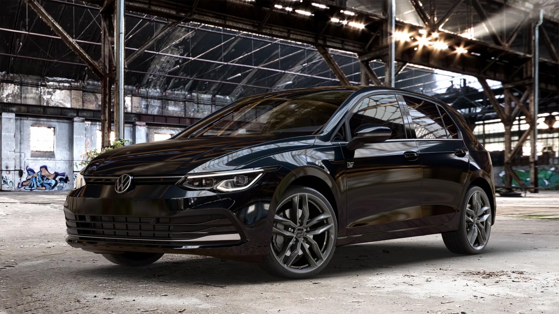 2DRV WH40 Dark Gunmetal lackiert Felge mit Reifen grau anthrazit in 19Zoll Winterfelge Alufelge auf metallic schwarzem Volkswagen (VW) Golf 8 1,5l TSI 96kW (131 PS) 110kW (150 2,0l TDI 85kW (116 Mild-Hybrid 1,0l 81kW (110 66kW (90 1,4l Hybrid TGI 4Motion 140kW (190 ⬇️ mit 15mm Tieferlegung ⬇️ Old Industrial Hall_max_4400mm_2024 Frontansicht_1