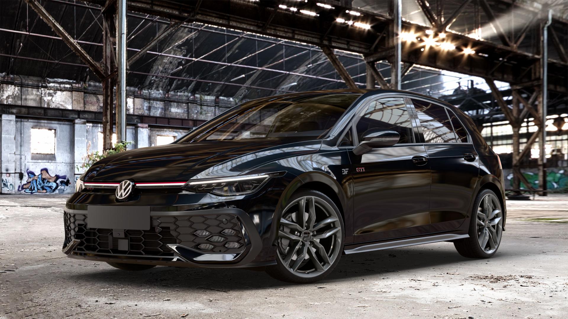 2DRV WH40 Dark Gunmetal lackiert Felge mit Reifen grau anthrazit in 19Zoll Winterfelge Alufelge auf metallic schwarzem Volkswagen (VW) Golf 8 Facelift 2,0l GTI 195kW (265 PS) ⬇️ mit 15mm Tieferlegung ⬇️ Old Industrial Hall_max_4400mm_2024 Frontansicht_1