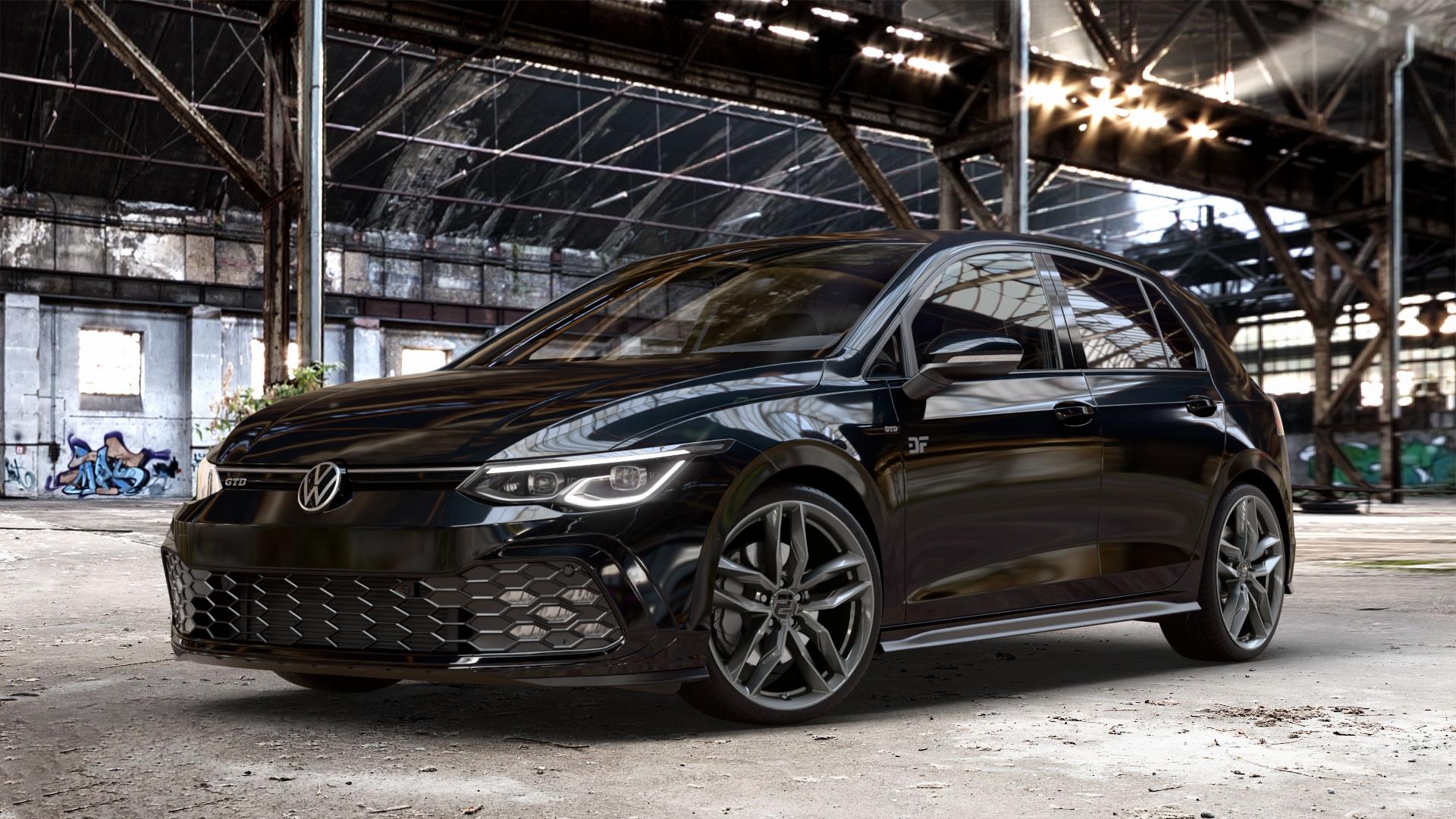 2DRV WH40 Dark Gunmetal lackiert Felge mit Reifen grau anthrazit in 19Zoll Winterfelge Alufelge auf schwarzem metallic Volkswagen (VW) Golf 8 2,0l GTD 147kW (200 PS) ⬇️ mit 15mm Tieferlegung ⬇️ Old Industrial Hall_max_4400mm_2024 Frontansicht_1