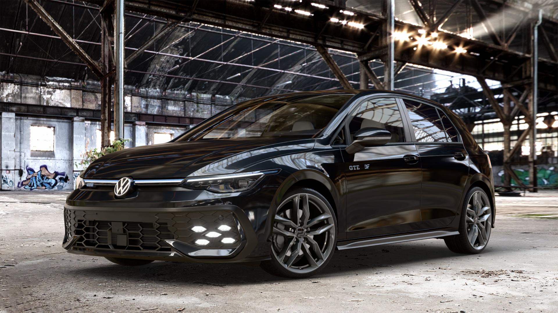 2DRV WH40 Dark Gunmetal lackiert Felge mit Reifen grau anthrazit in 19Zoll Winterfelge Alufelge auf schwarzem Volkswagen (VW) Golf 8 Facelift 1,5l TSI GTE 130kW Hybrid (177 PS) ⬇️ mit 15mm Tieferlegung ⬇️ Old Industrial Hall_max_4400mm_2024 Frontansicht_1