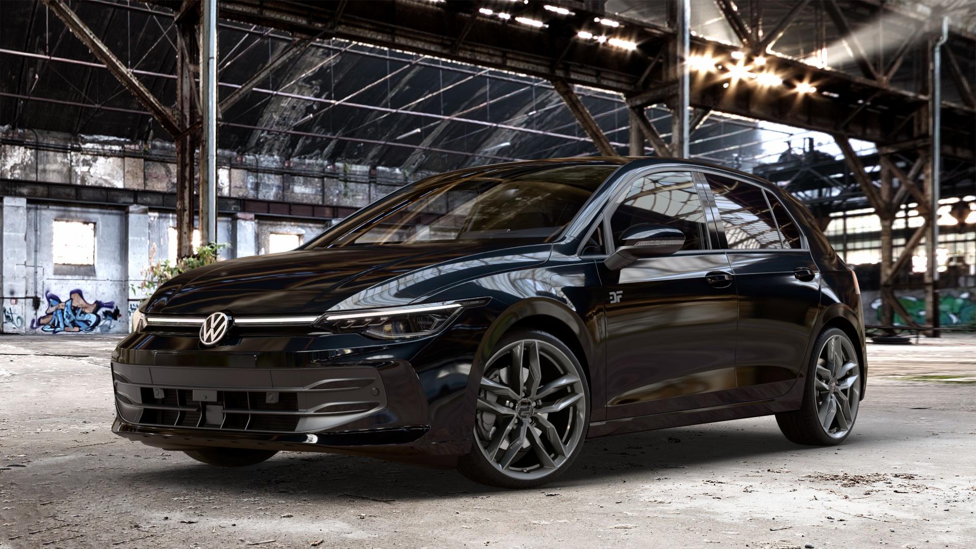 2DRV WH40 Dark Gunmetal lackiert Felge mit Reifen grau anthrazit in 19Zoll Winterfelge Alufelge auf schwarzem Volkswagen (VW) Golf 8 Facelift ⬇️ mit 15mm Tieferlegung ⬇️ Old Industrial Hall_max_4400mm_2024 Frontansicht_1