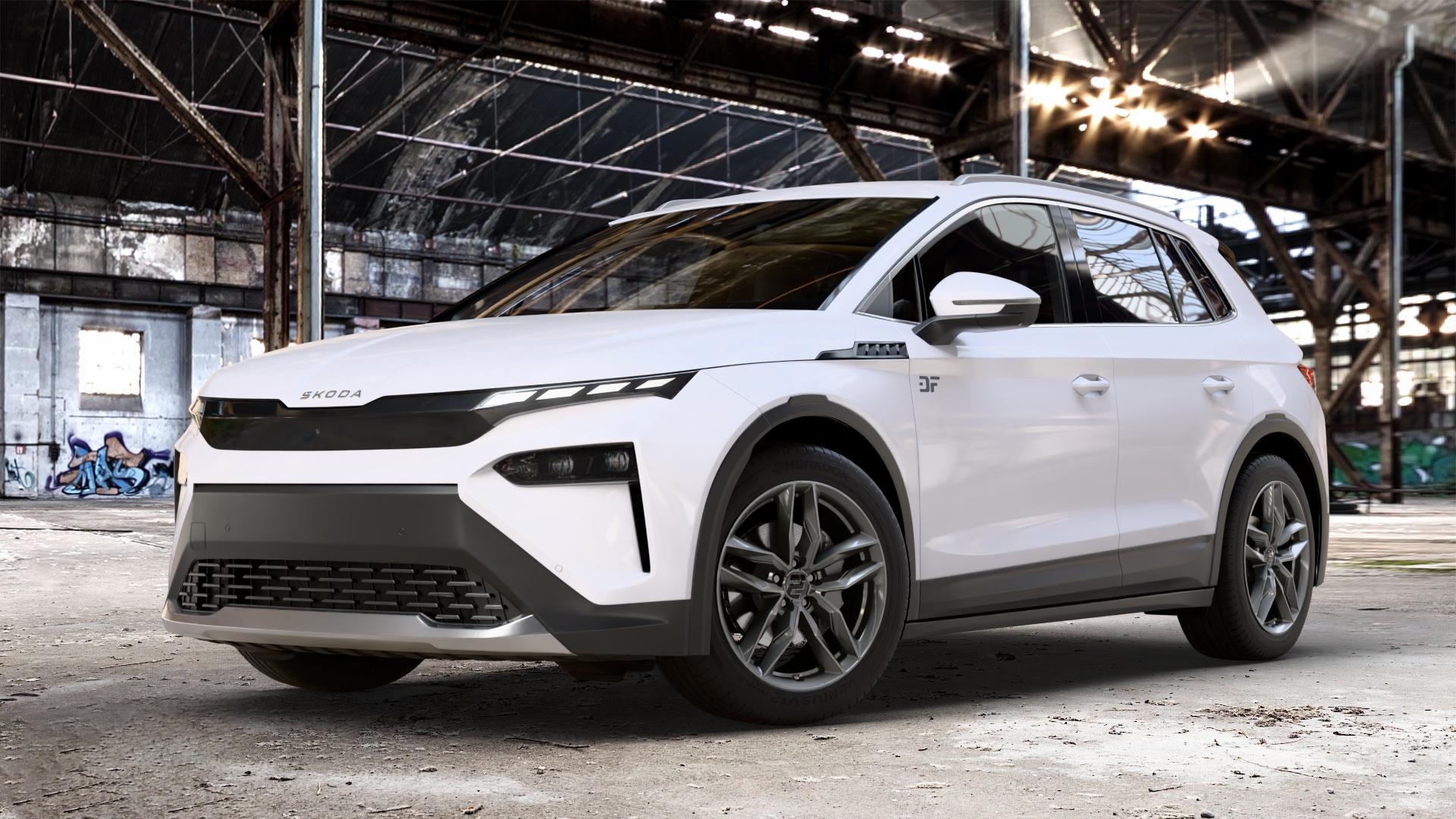 2DRV WH40 Dark Gunmetal lackiert Felge mit Reifen grau anthrazit in 19Zoll Winterfelge Alufelge auf weissem Skoda Elroq Typ NY 0,0l 89kW 85 (121 PS) 70kW 60 (95 50 ⬇️ mit 15mm Tieferlegung ⬇️ Old Industrial Hall_max_4400mm_2024 Frontansicht_1