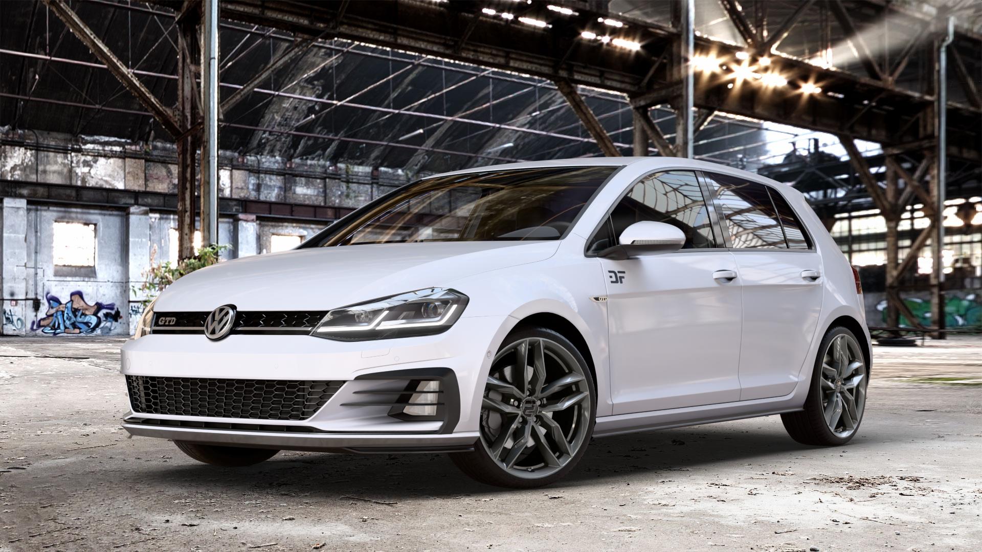 2DRV WH40 Dark Gunmetal lackiert Felge mit Reifen grau anthrazit in 19Zoll Winterfelge Alufelge auf weissem Volkswagen (VW) Golf 7 2,0l GTD 135kW (184 PS) Facelift ⬇️ mit 15mm Tieferlegung ⬇️ Old Industrial Hall_max_4400mm_2024 Frontansicht_1