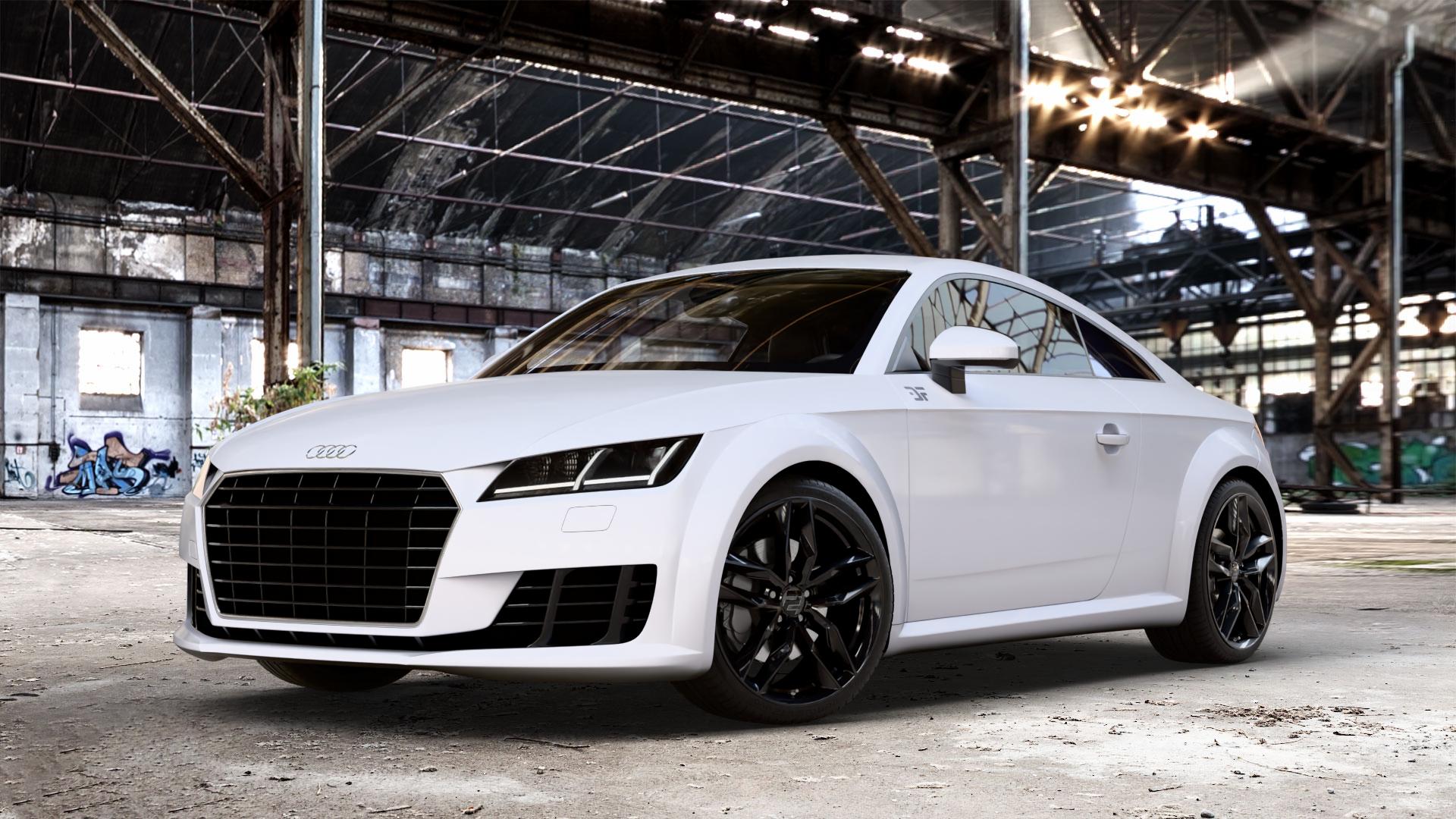 2DRV WH40 Schwarz glänzend lackiert Felge mit Reifen in 19Zoll Winterfelge Alufelge auf weissem Audi TT III Typ 8S (Coupé) (Roadster) ⬇️ mit 15mm Tieferlegung ⬇️ Old Industrial Hall_max_4400mm_2024 Frontansicht_1