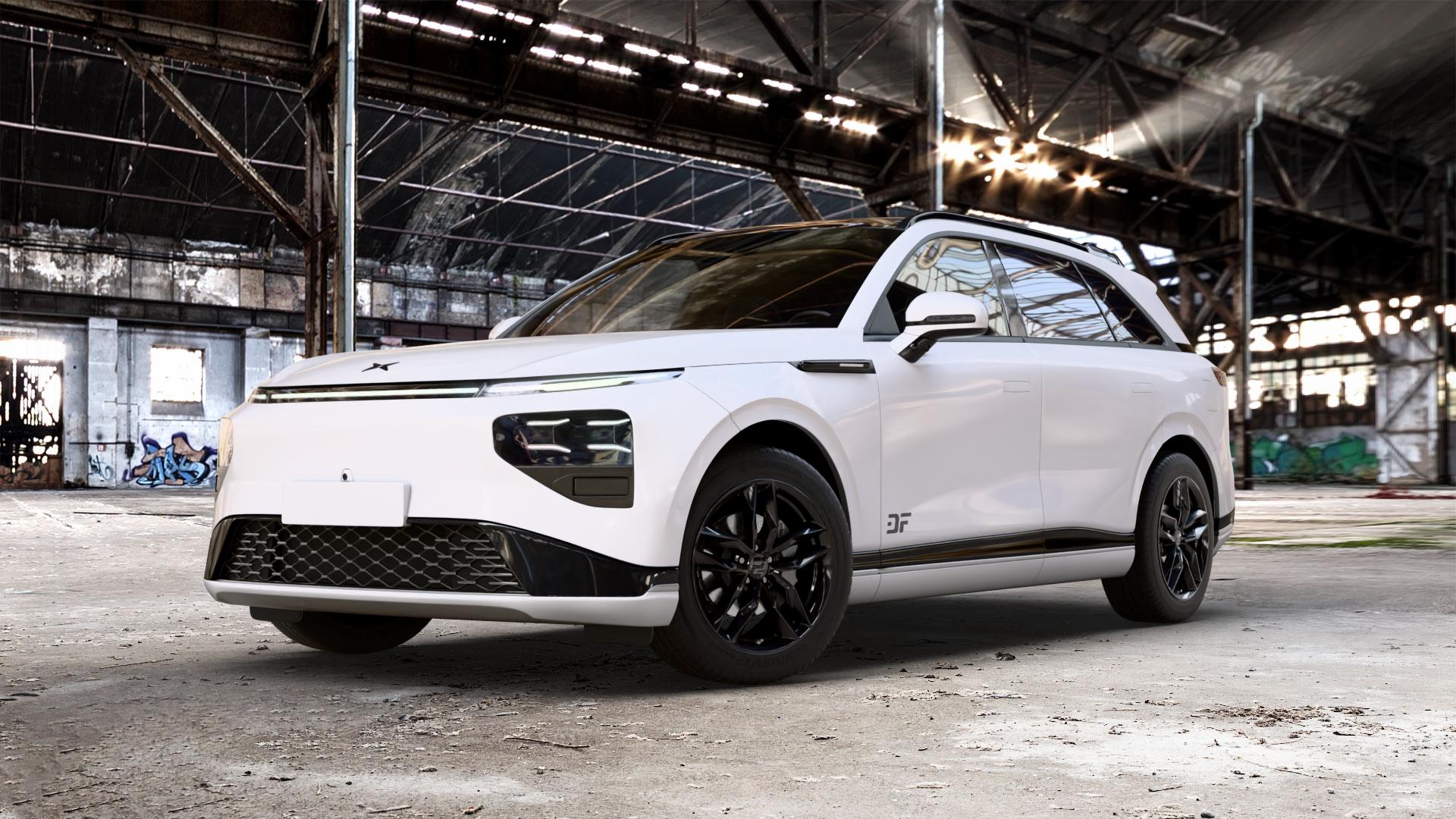 2DRV WH40 Schwarz glänzend lackiert Felge mit Reifen in 19Zoll Winterfelge Alufelge auf weissem Xpeng G9 Typ G9A 0,0l 80kW (109 PS) AWD 100kW (136 ⬇️ mit 15mm Tieferlegung ⬇️ Old Industrial Hall_max_5300mm_2024 Frontansicht_1