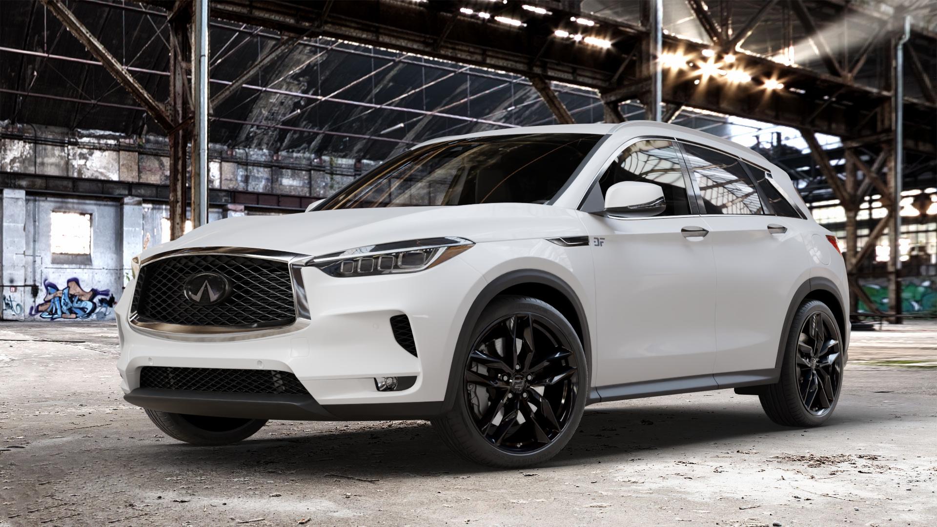 2DRV WH40 Schwarz glänzend lackiert Felge mit Reifen in 20Zoll Winterfelge Alufelge auf weissem Infiniti QX50 Q ⬇️ mit 15mm Tieferlegung ⬇️ Old Industrial Hall_max_4400mm_2024 Frontansicht_1