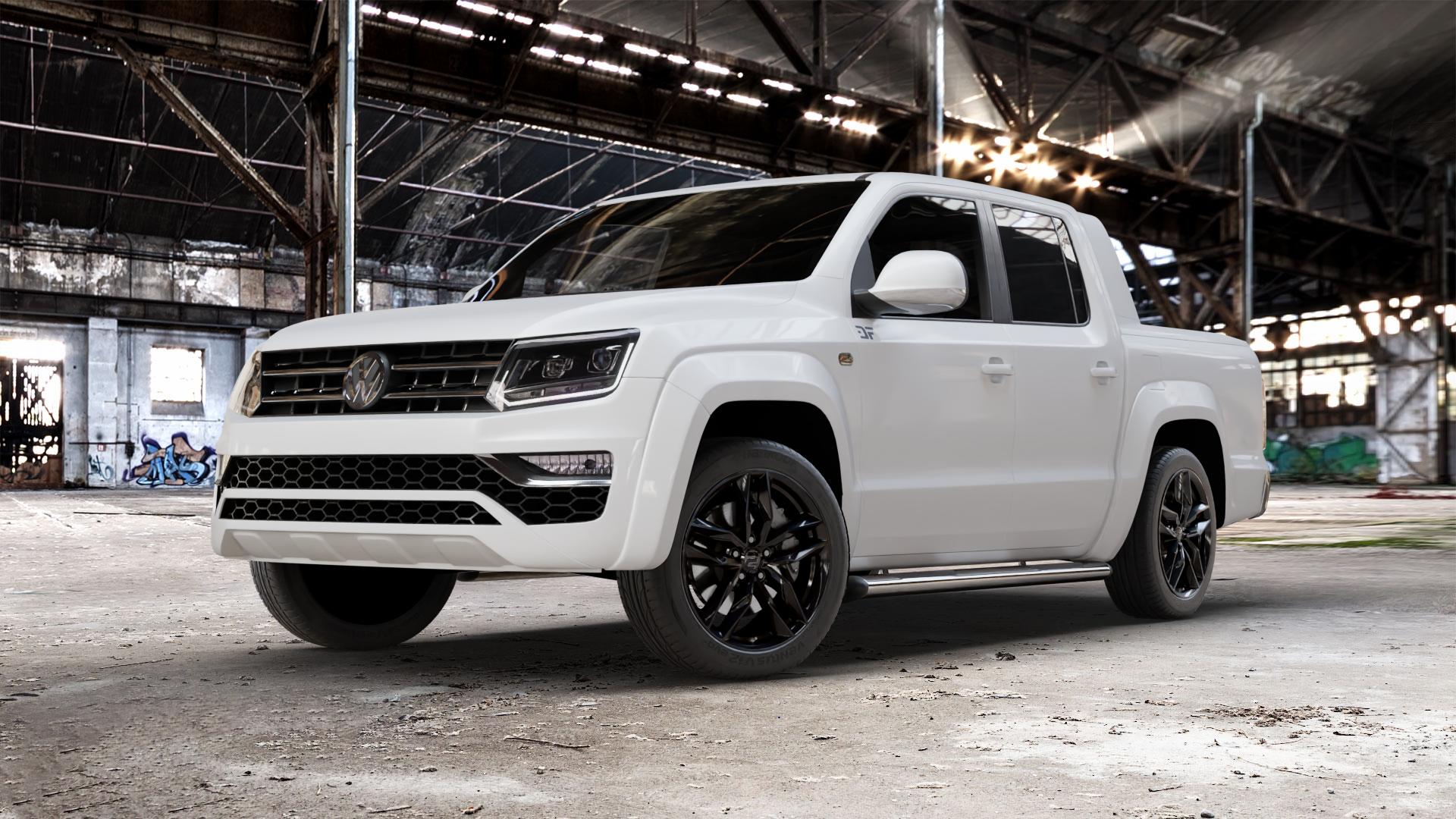 2DRV WH40 Schwarz glänzend lackiert Felge mit Reifen in 20Zoll Winterfelge Alufelge auf weissem Volkswagen (VW) Amarok I Typ 2H Facelift ⬇️ mit 15mm Tieferlegung ⬇️ Old Industrial Hall_max_5300mm_2024 Frontansicht_1