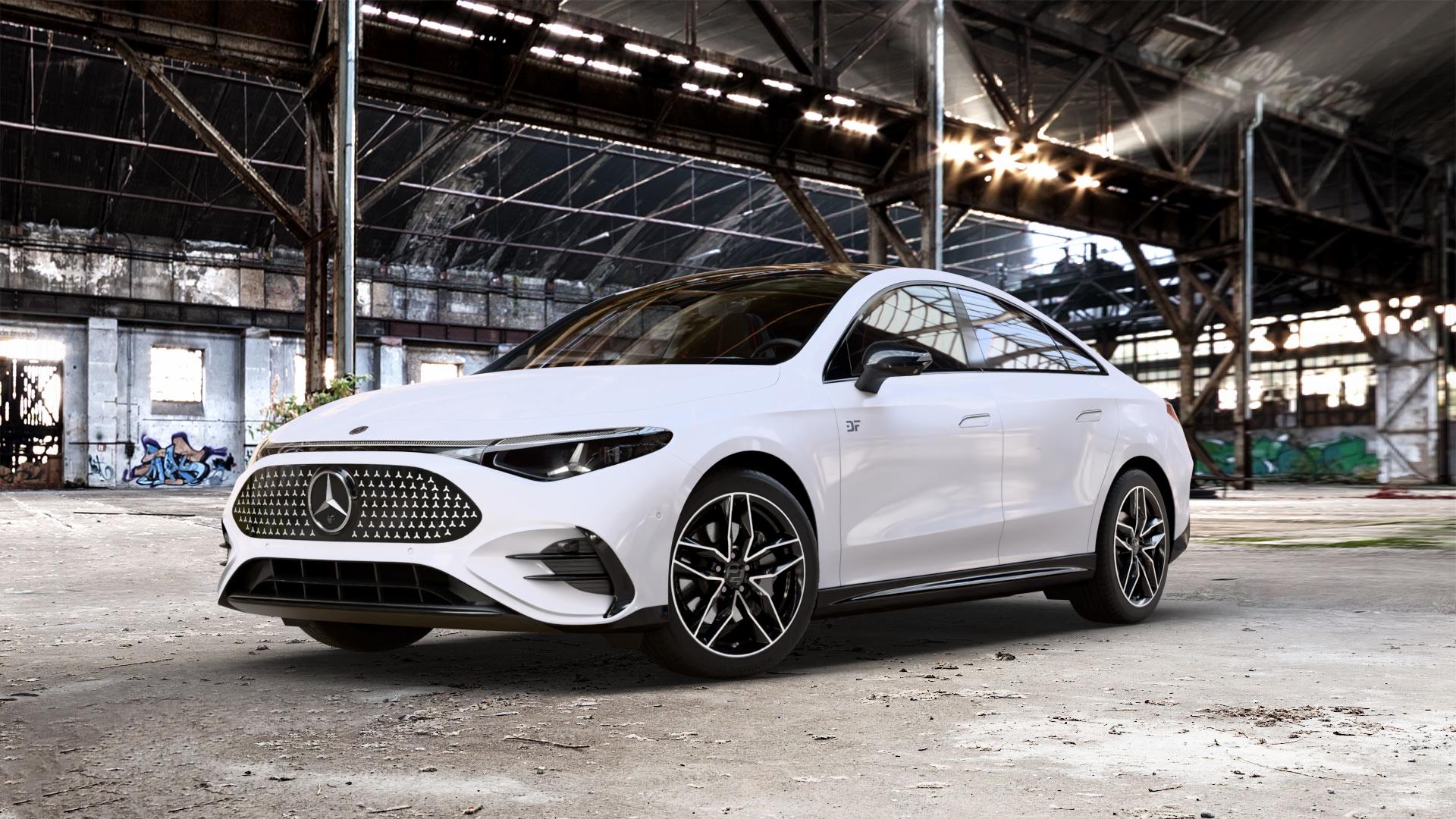 2DRV WH40 Schwarz hochglanzpoliert Felge mit Reifen silber mehrfarbig in 18Zoll Winterfelge Alufelge auf weissem Mercedes CLA EQ Typ C174 (MMCLAE) 0,0l 250+ 145kW (197 PS) 350 4Matic 200kW (272 ⬇️ mit 15mm Tieferlegung ⬇️ Old Industrial Hall_max_5300mm_2024 Frontansicht_1