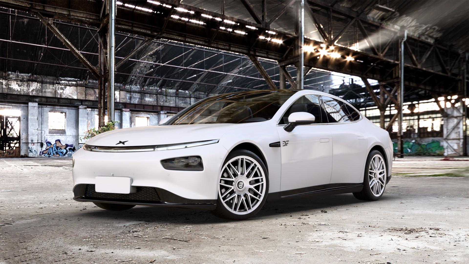 2DRV WH43 Race Silber lackiert Felge mit Reifen in 20Zoll Alufelge auf weissem Xpeng P7 Typ P7B 0,0l 80kW (109 PS) 100kW AWD (136 124kW (169 ⬇️ mit 15mm Tieferlegung ⬇️ Old Industrial Hall_max_5300mm_2024 Frontansicht_1