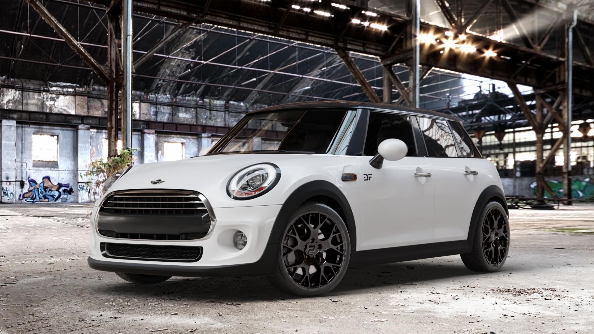 2DRV WH47 Schwarz glänzend lackiert Felge mit Reifen in 18Zoll Winterfelge Alufelge auf weissem Mini F55 Typ UKL-L (5-Türer Limousine) FML4 ⬇️ mit 15mm Tieferlegung ⬇️ Old Industrial Hall_max_4400mm_2024 Frontansicht_1
