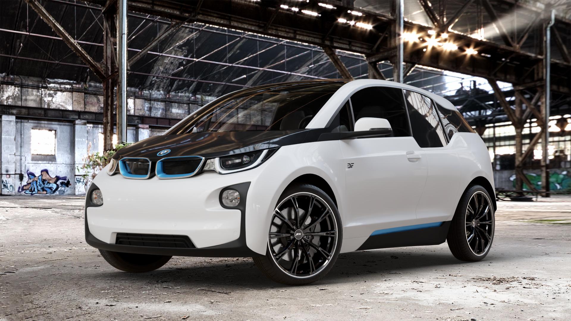 ABT Sportsline GR glossy black Felge mit Reifen schwarz mehrfarbig in 20Zoll Winterfelge Alufelge auf weissem BMW i3 (BMWi-1) Range Extender i3s ⬇️ mit 15mm Tieferlegung ⬇️ Old Industrial Hall_max_4400mm_2024 Frontansicht_1