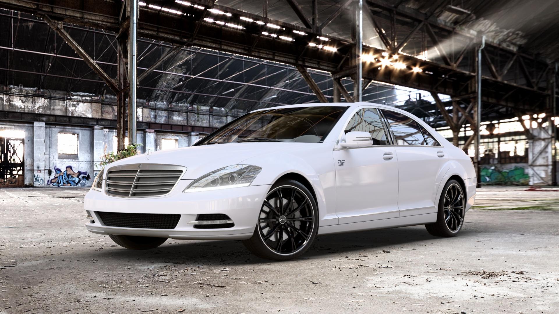 ABT Sportsline GR glossy black Felge mit Reifen schwarz mehrfarbig in 20Zoll Winterfelge Alufelge auf weissem Mercedes S-Klasse Typ W221 3,5l S 350 200kW (272 PS) 5,5l 500 285kW (387 4,7l 450 250kW (340 3,0l 320 CDI 173kW (235 4,0l 420 235kW (320 6,2l 63 AMG 386kW (525 4 ⬇️ mit 15mm Tieferlegung ⬇️ Old Industrial Hall_max_5300mm_2024 Frontansicht_1