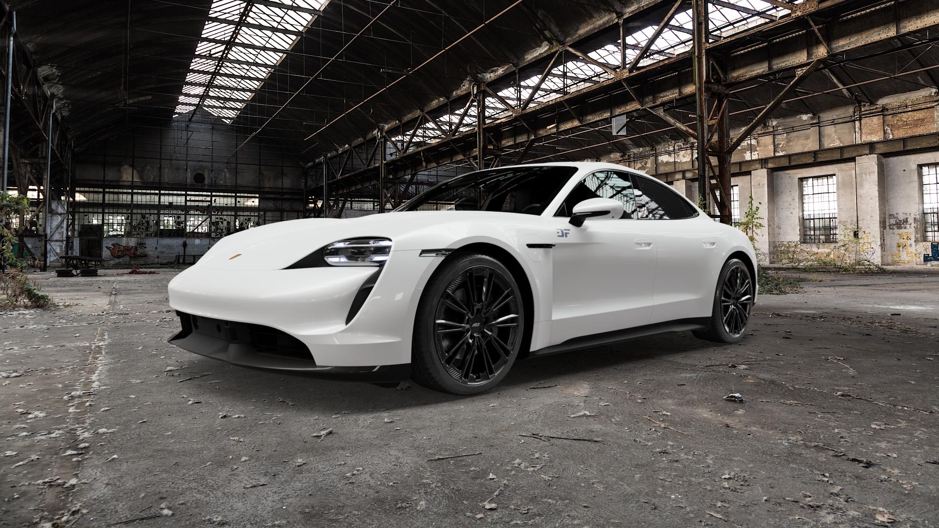 AEZ ALASKA BLACK Felge mit Reifen schwarz in 21Zoll Winterfelge Alufelge auf weissem Porsche Taycan Typ Y1A 0,0l 4S 140kW (190 PS) Turbo 142kW (193 S 113kW (154 ⬇️ mit 15mm Tieferlegung ⬇️ Old Industrial Hall_max5000mm_2022 Frontansicht_1
