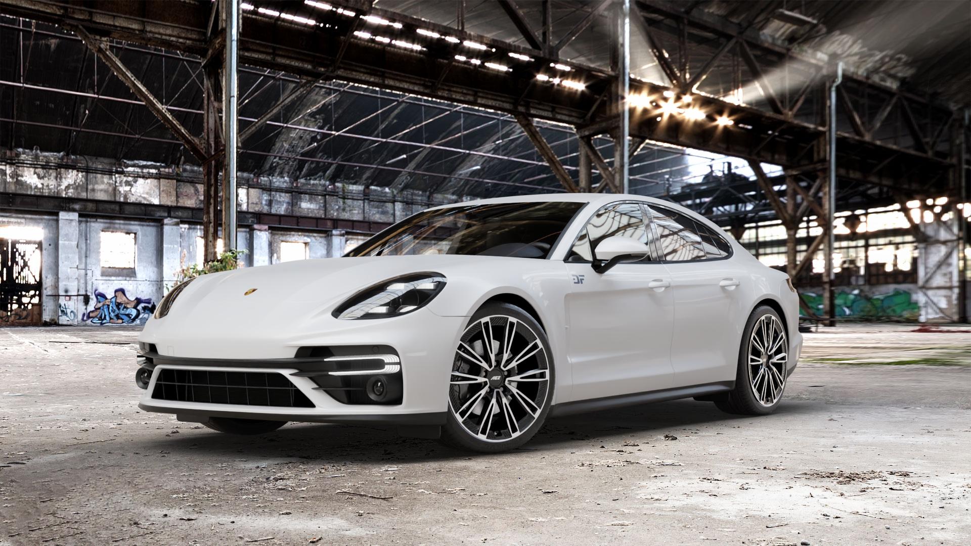 AEZ ALASKA BLACK/POLISHED Felge mit Reifen silber schwarz mehrfarbig in 21Zoll Winterfelge Alufelge auf weissem Porsche Panamera Typ 971 Facelift ⬇️ mit 15mm Tieferlegung ⬇️ Old Industrial Hall_max_5300mm_2024 Frontansicht_1