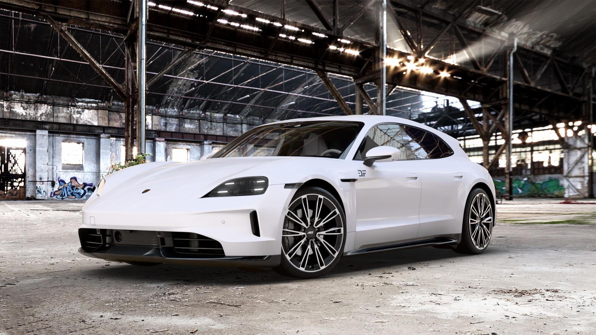 AEZ ALASKA BLACK/POLISHED Felge mit Reifen silber schwarz mehrfarbig in 21Zoll Winterfelge Alufelge auf weissem Porsche Taycan Sport Turismo Typ Y1A Facelift ⬇️ mit 15mm Tieferlegung ⬇️ Old Industrial Hall_max_5300mm_2024 Frontansicht_1