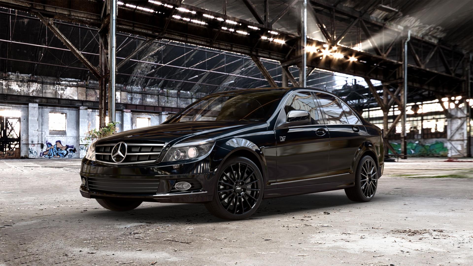 AEZ ATLANTA BLACK Felge mit Reifen schwarz in 18Zoll Winterfelge Alufelge auf schwarzem metallic Mercedes C-Klasse Typ W204 Limousine ⬇️ mit 15mm Tieferlegung ⬇️ Old Industrial Hall_max_5300mm_2024 Frontansicht_1